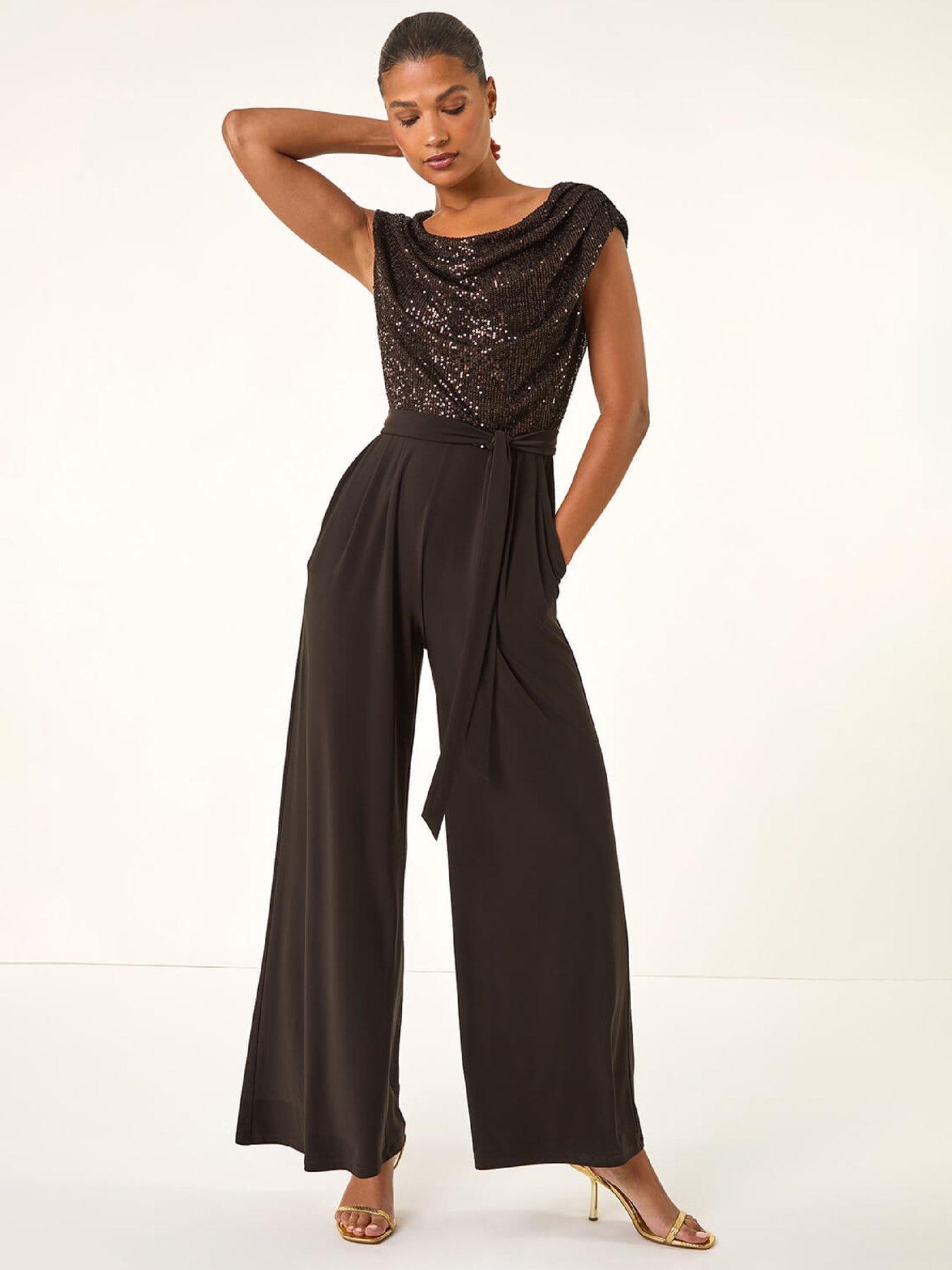  image of roman-sequin-bodice-cowl-neck-jumpsuit-chocolate
