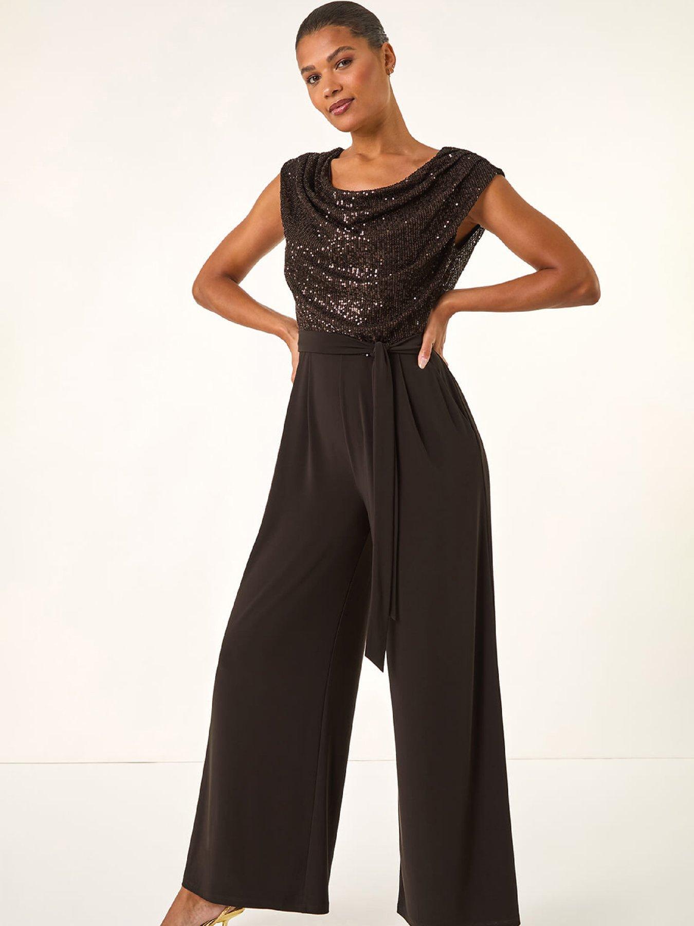  image of roman-sequin-bodice-cowl-neck-jumpsuit-chocolate