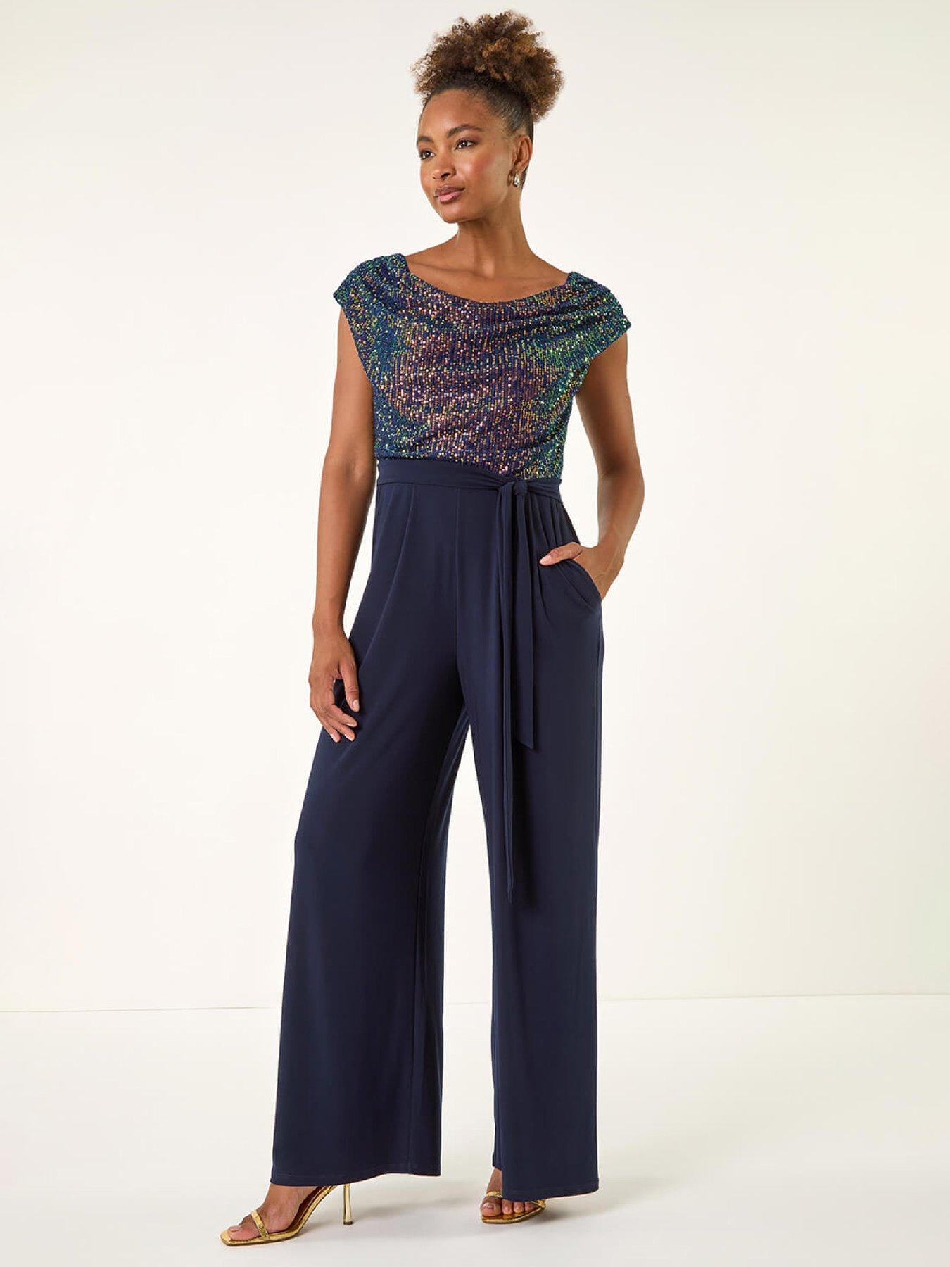 Roman Sequin Bodice Cowl Neck Jumpsuit - Navy