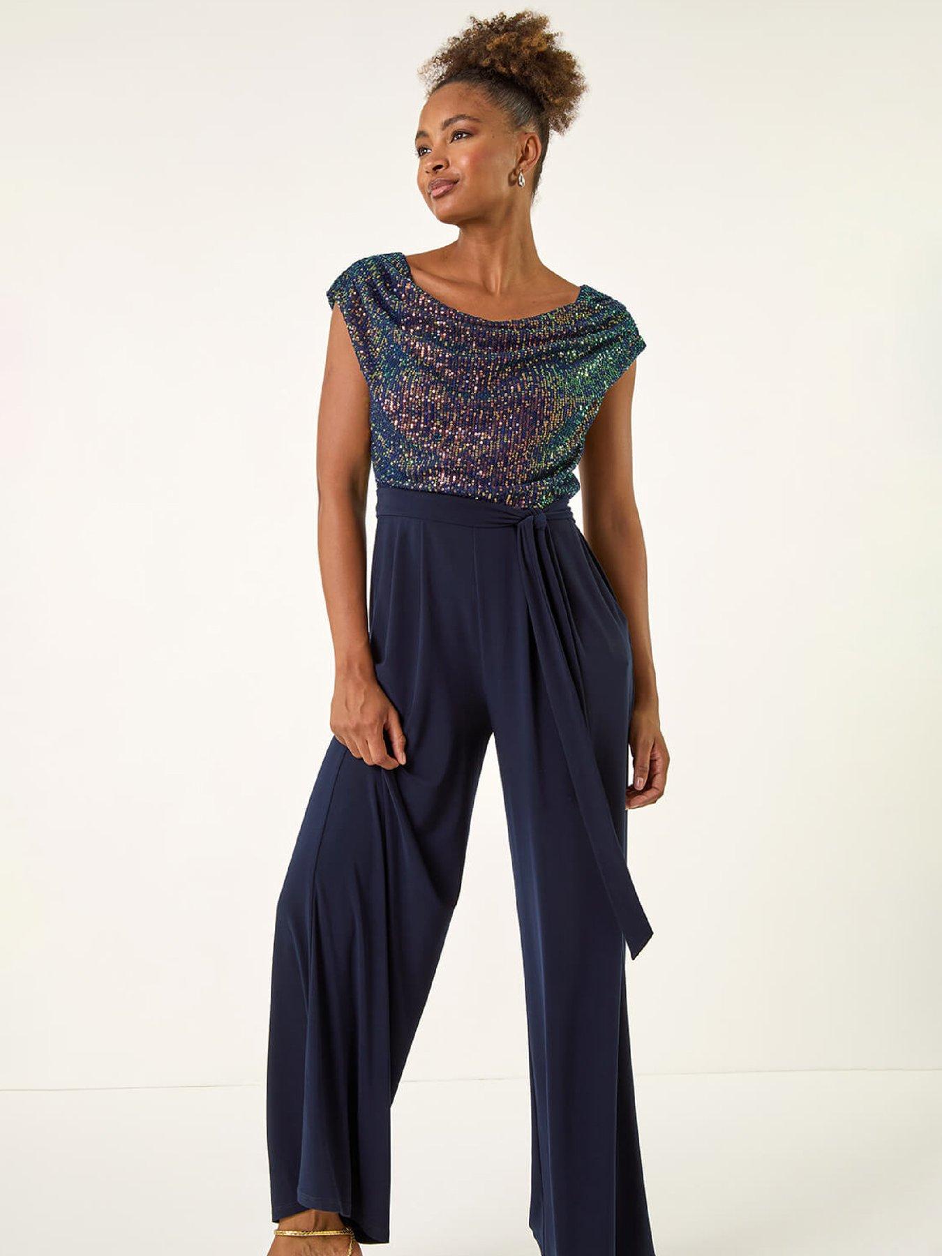  image of roman-sequin-bodice-cowl-neck-jumpsuit-navy