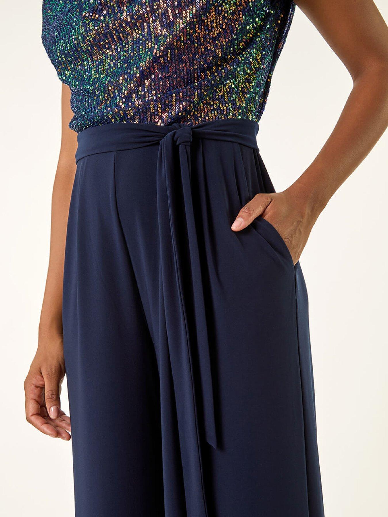 image of roman-sequin-bodice-cowl-neck-jumpsuit-navy