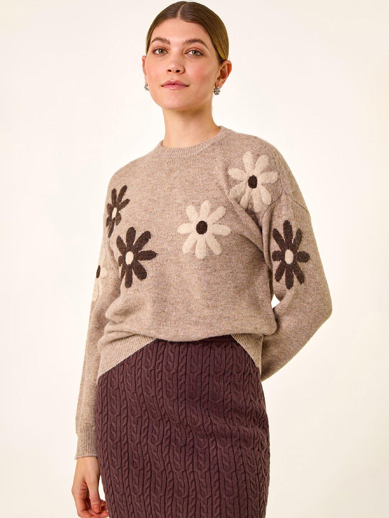 roman-floral-print-crew-neck-knit-jumper-beige