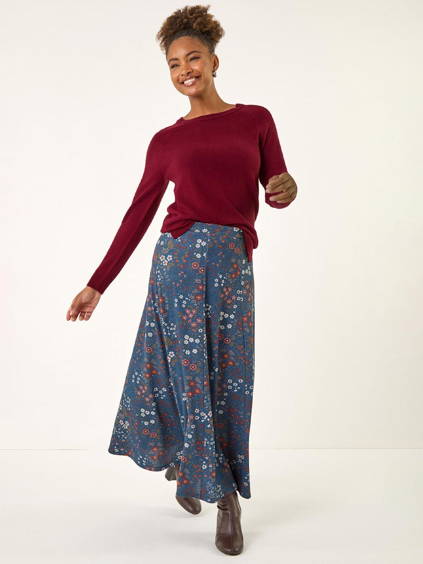 Image 3 of 4 of Roman Ditsy Floral Print Stretch Skirt - Denim