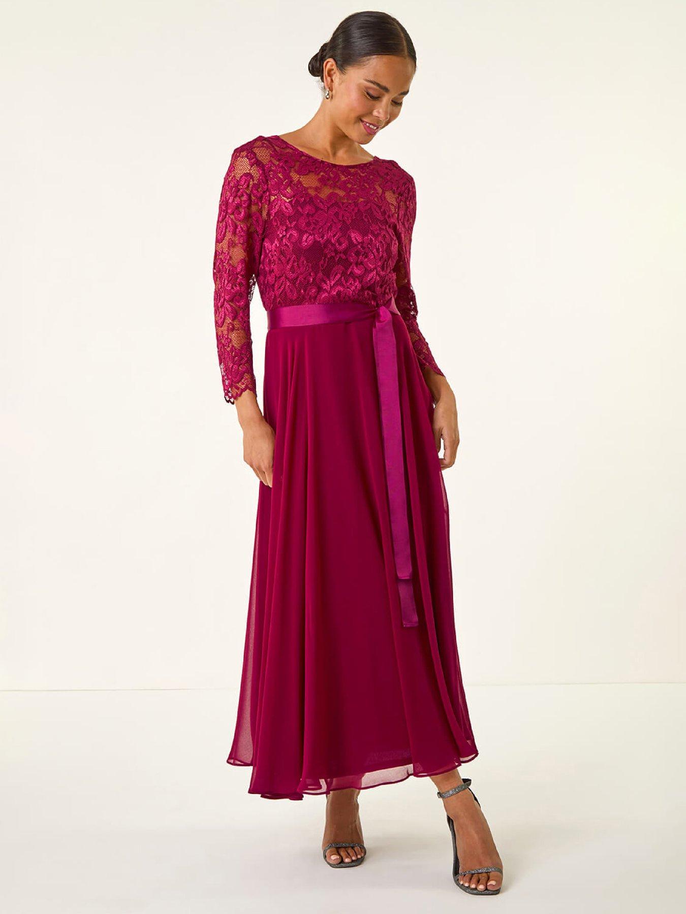 Roman Petite Lace Contrast Bodice Dress - Wine