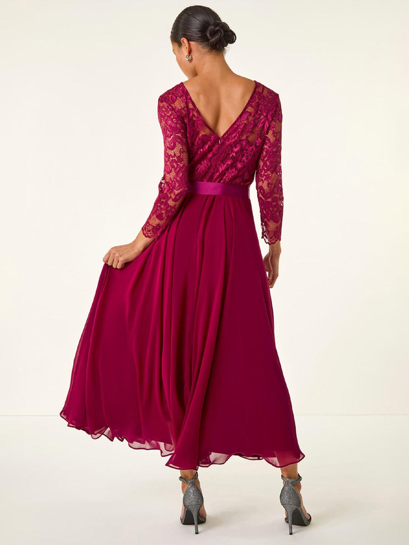 Image 2 of 5 of Roman Petite Lace Contrast Bodice Dress - Wine