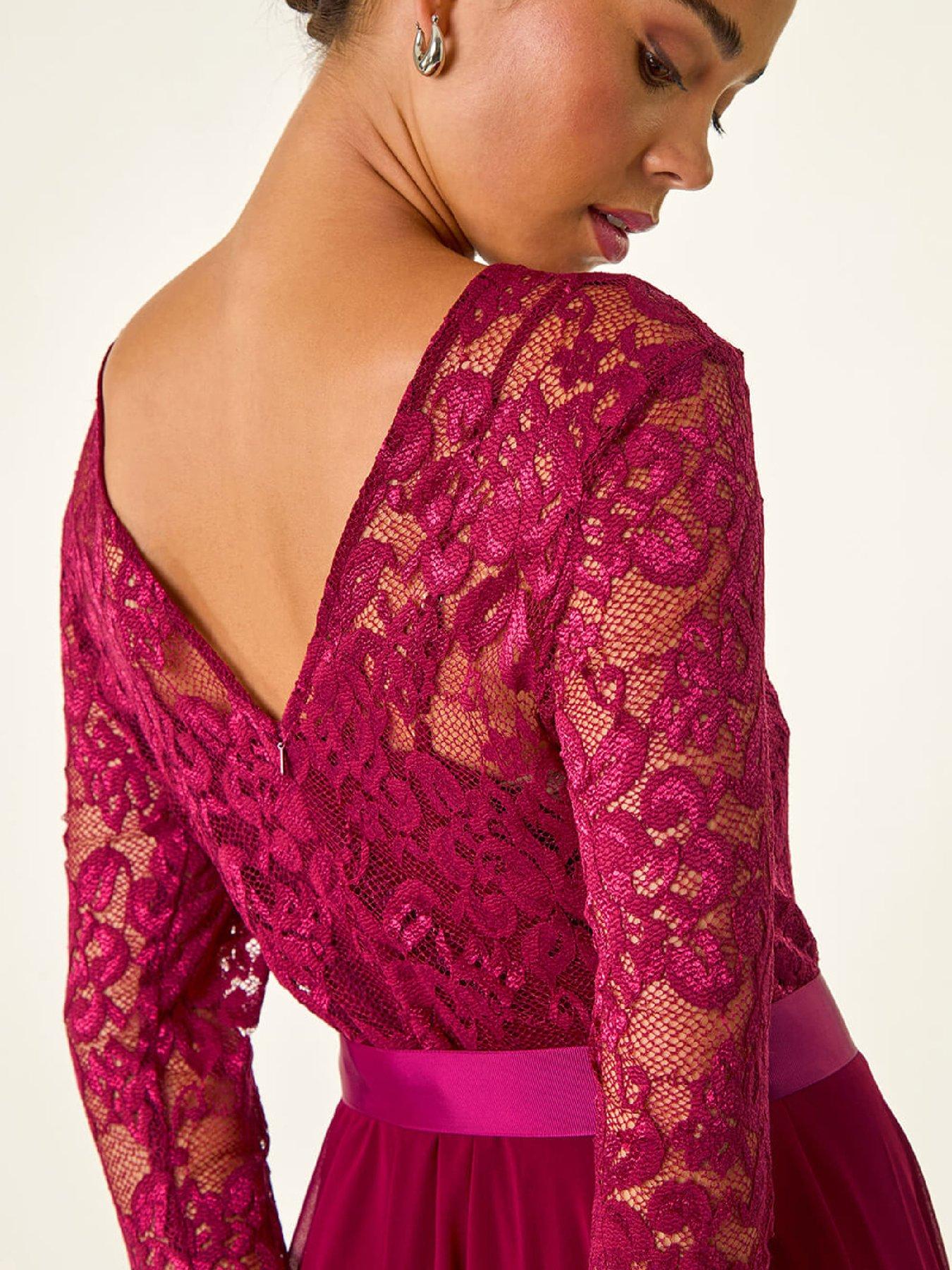 Image 4 of 5 of Roman Petite Lace Contrast Bodice Dress - Wine