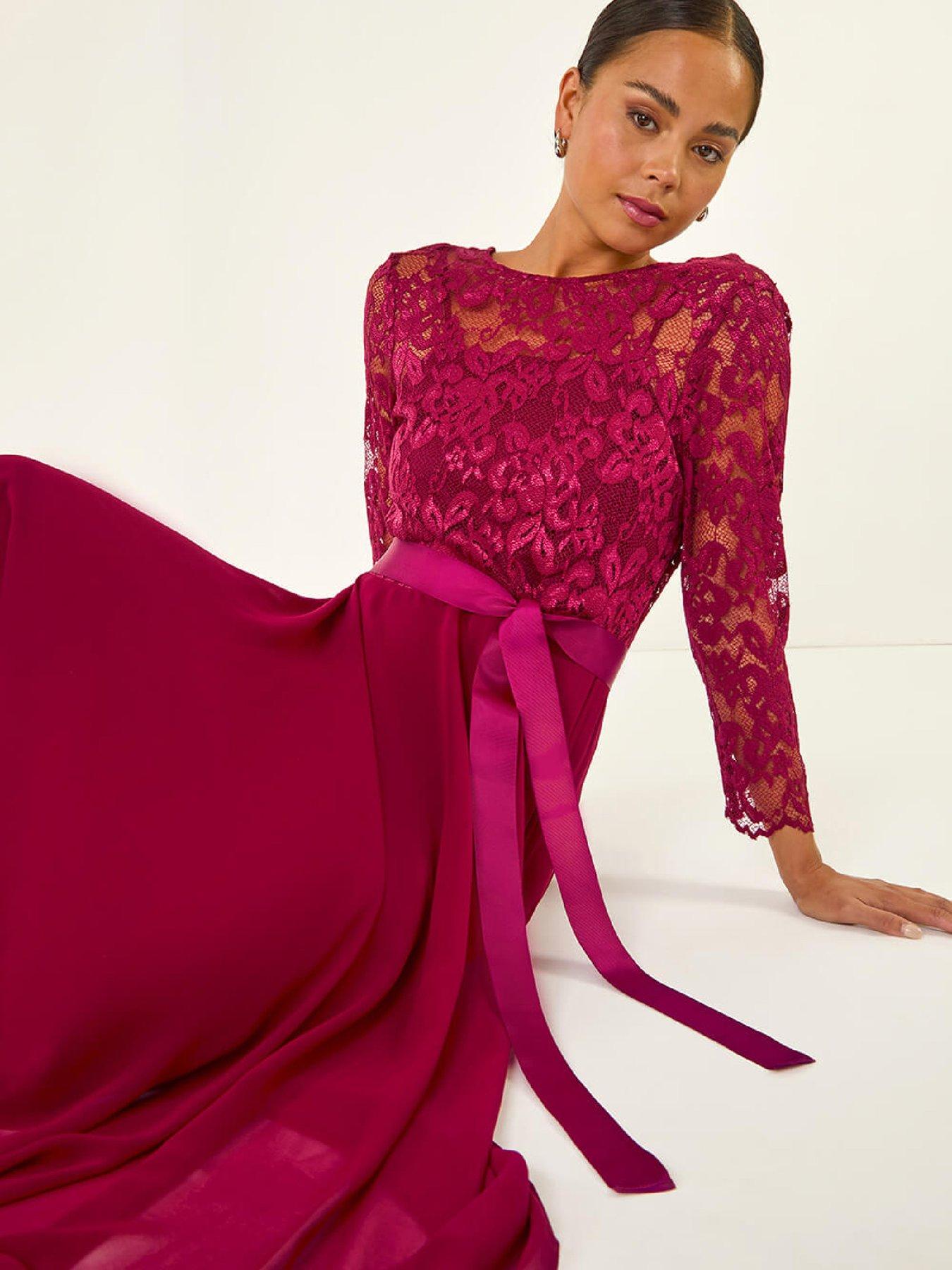 Image 5 of 5 of Roman Petite Lace Contrast Bodice Dress - Wine
