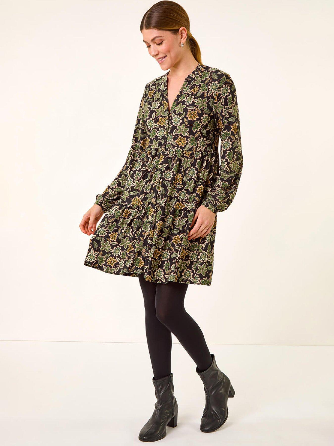 Roman Floral Print Button Stretch Dress - Green