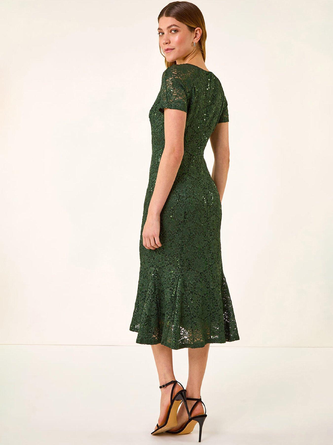  image of roman-leaf-lace-sequin-midi-dress-green