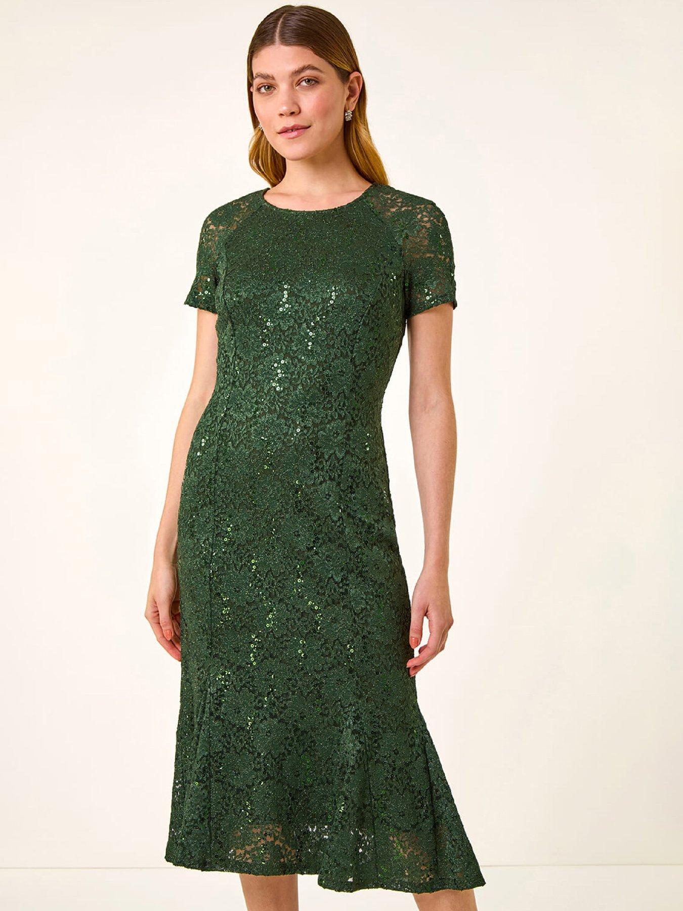  image of roman-leaf-lace-sequin-midi-dress-green