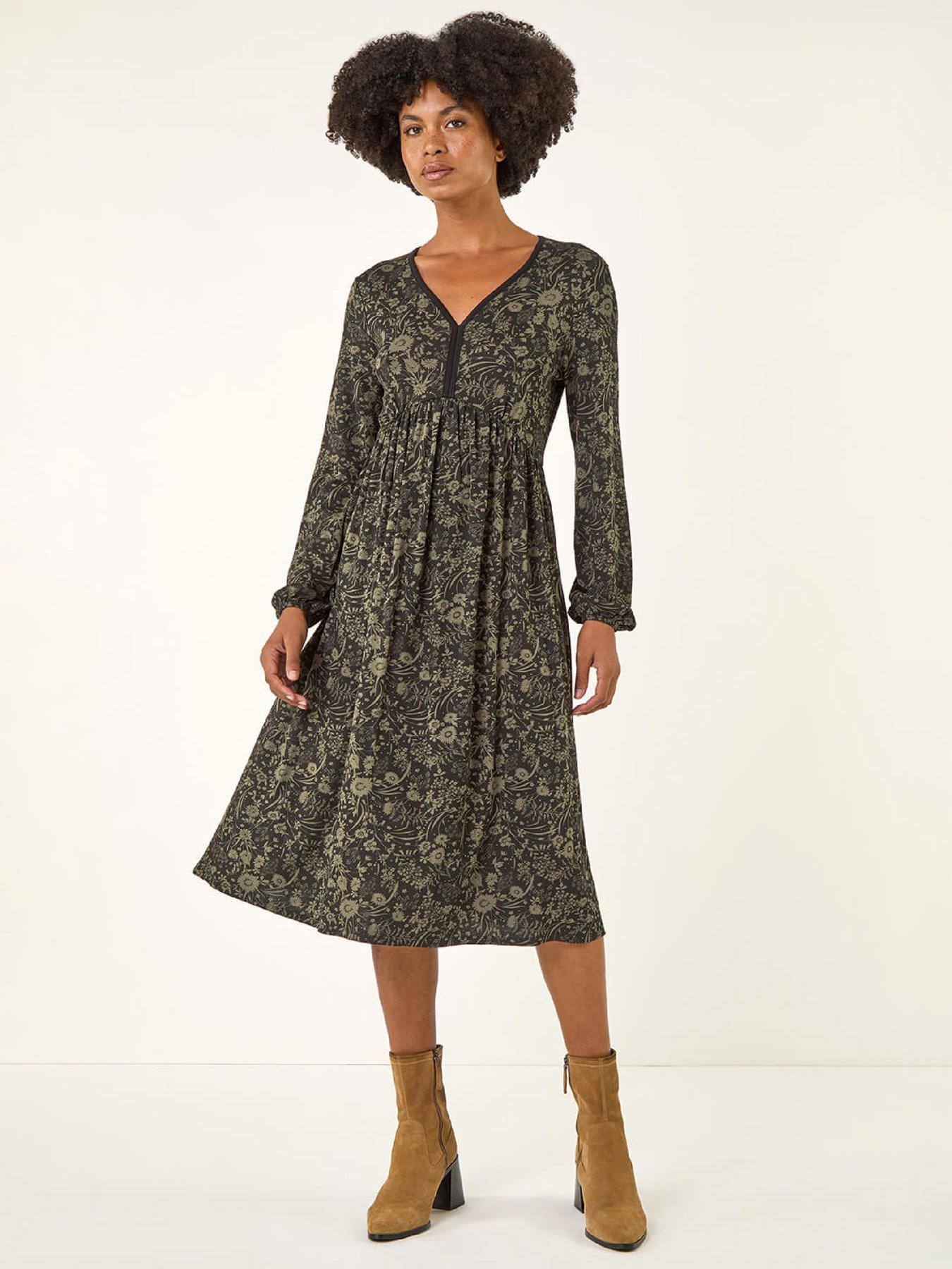 Roman Floral Print V-Neck Stretch Midi Dress - Khaki