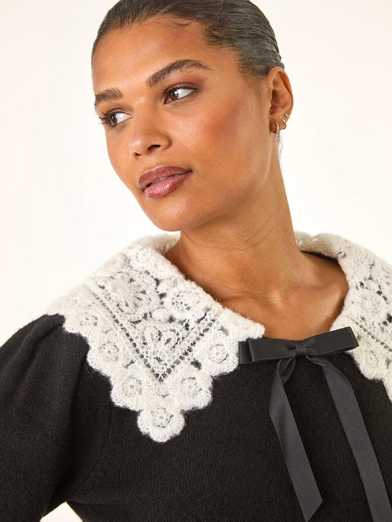 Image 4 of 5 of Roman Crochet Collar Knitted Dress - Black