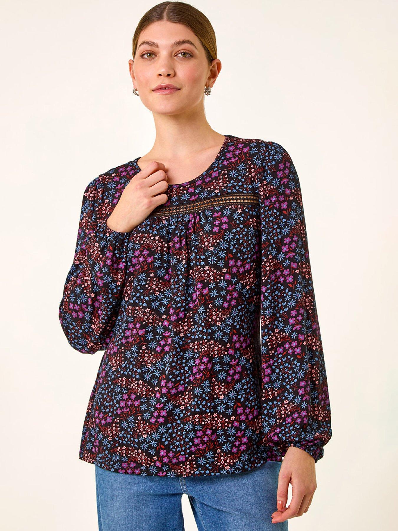 Roman Floral Print Trim Stretch Top - Purple