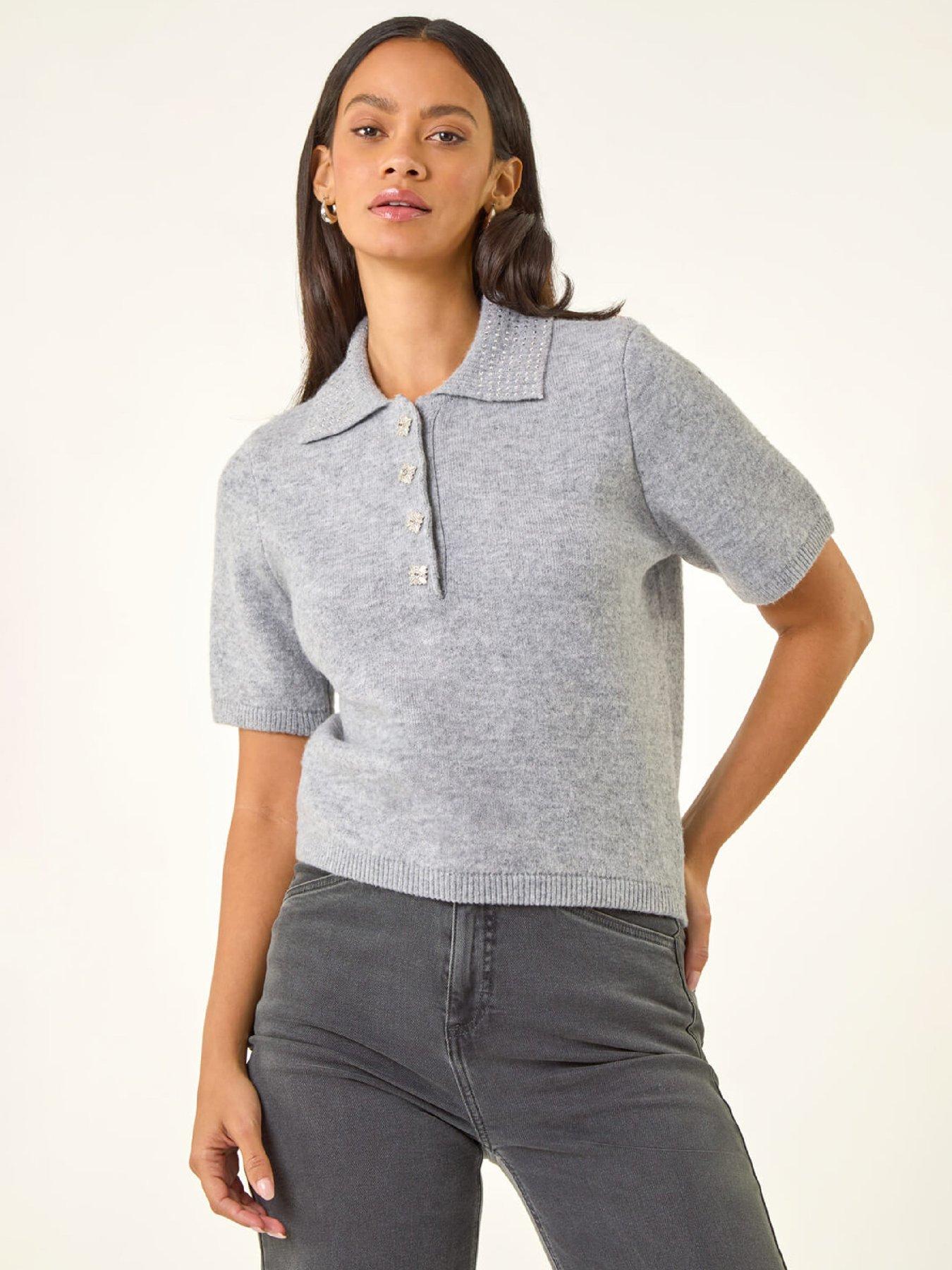  image of roman-dusk-embellished-knit-collared-top-grey