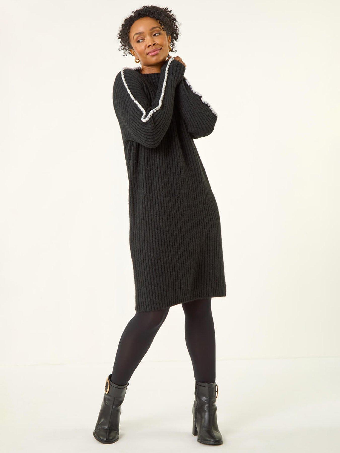 Roman Petite Ribbed Knitted Dress - Black