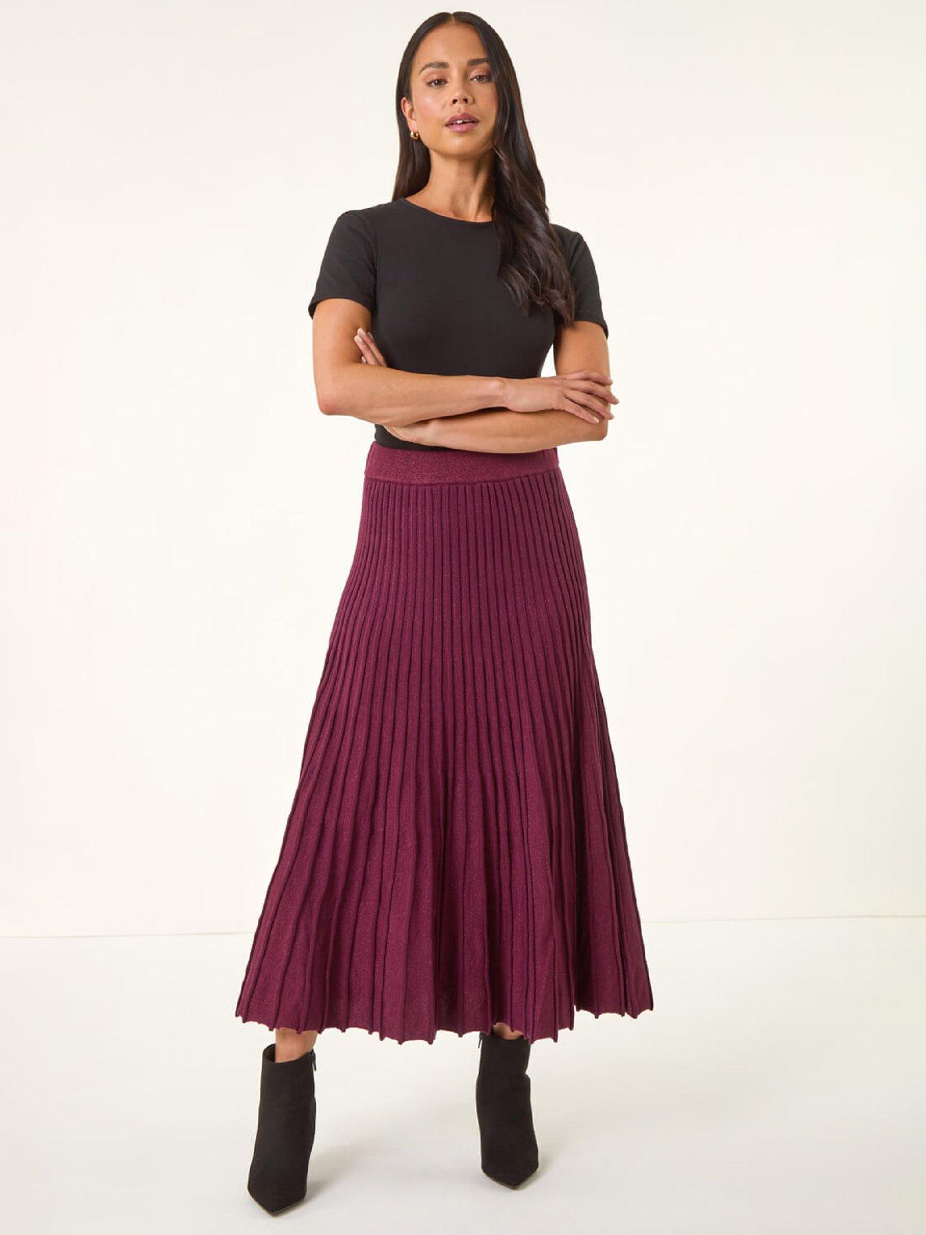  image of roman-petite-metallic-knit-midi-skirt-wine