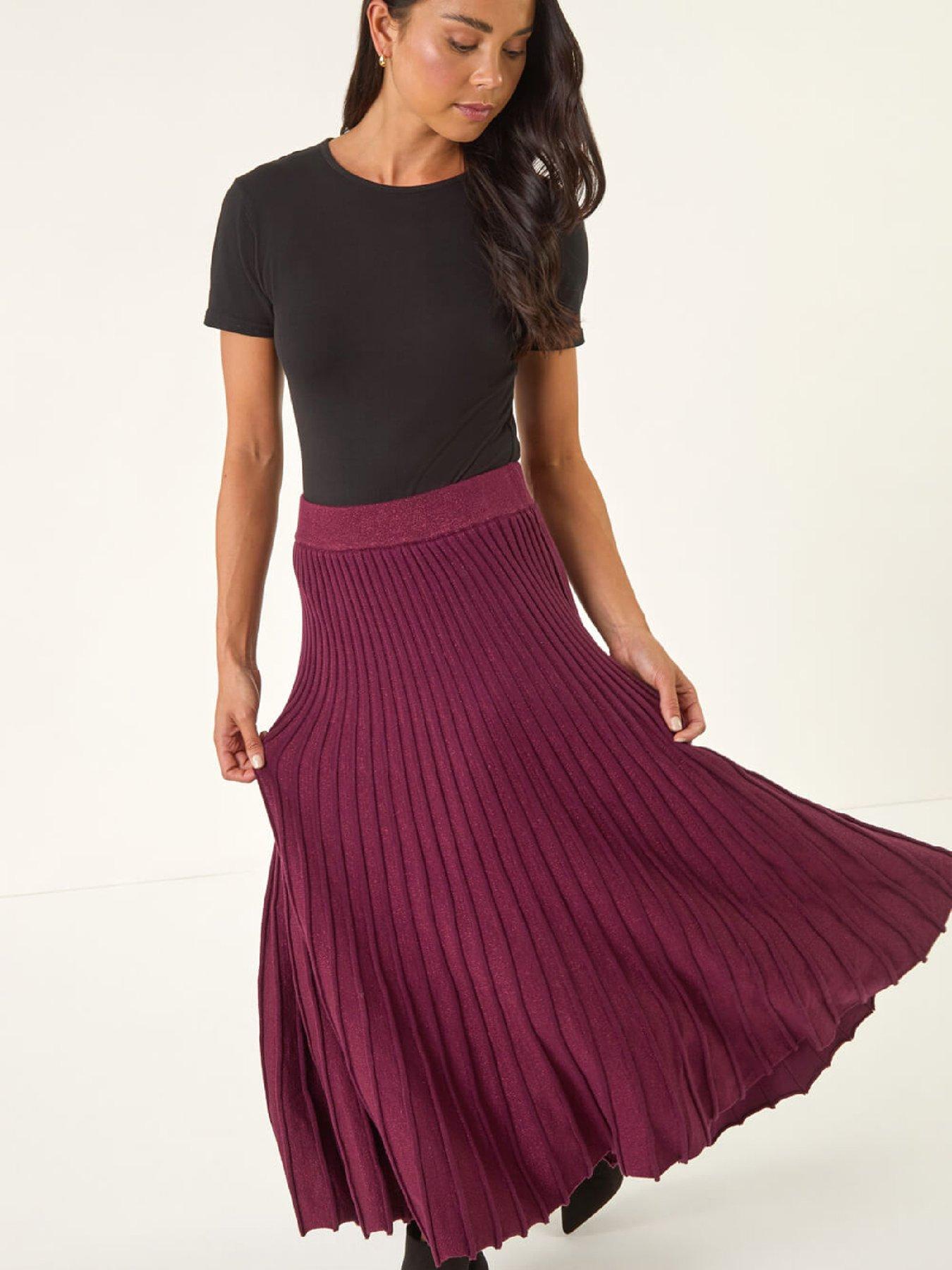 image of roman-petite-metallic-knit-midi-skirt-wine