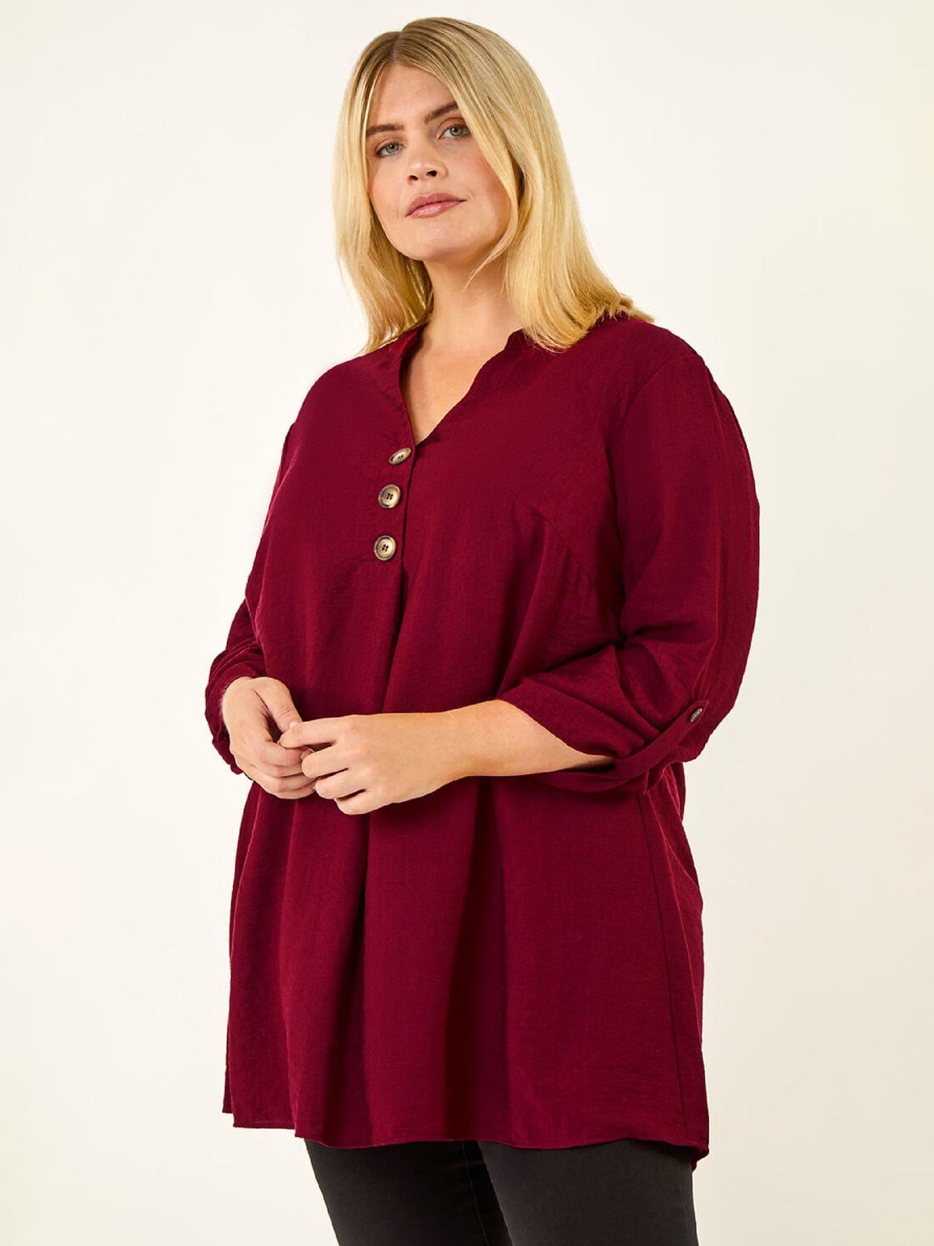 Roman Curve Textured Buttoned Tunic Top - Wine