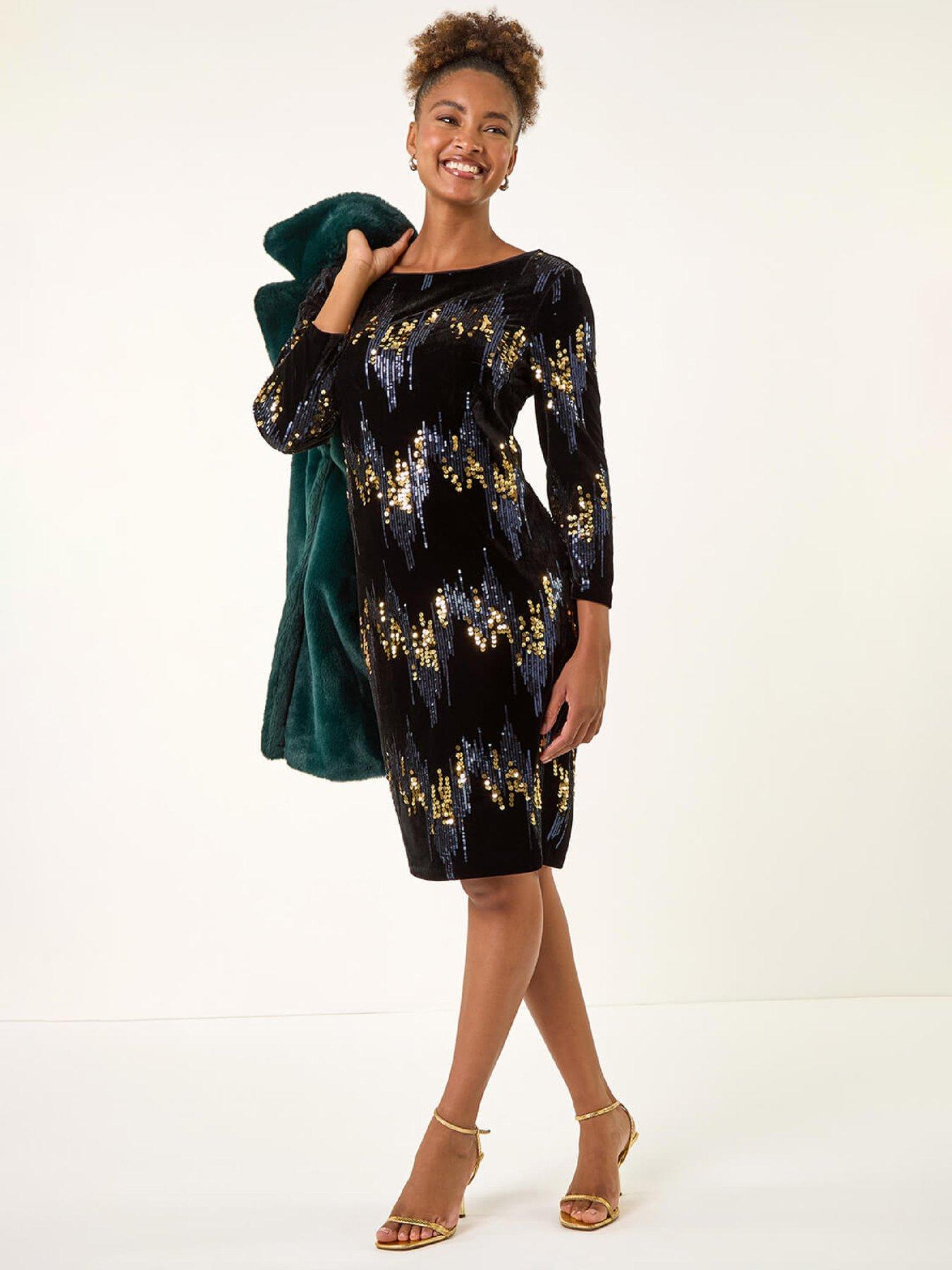 Roman Sequin Velvet Shift Stretch Dress - Navy
