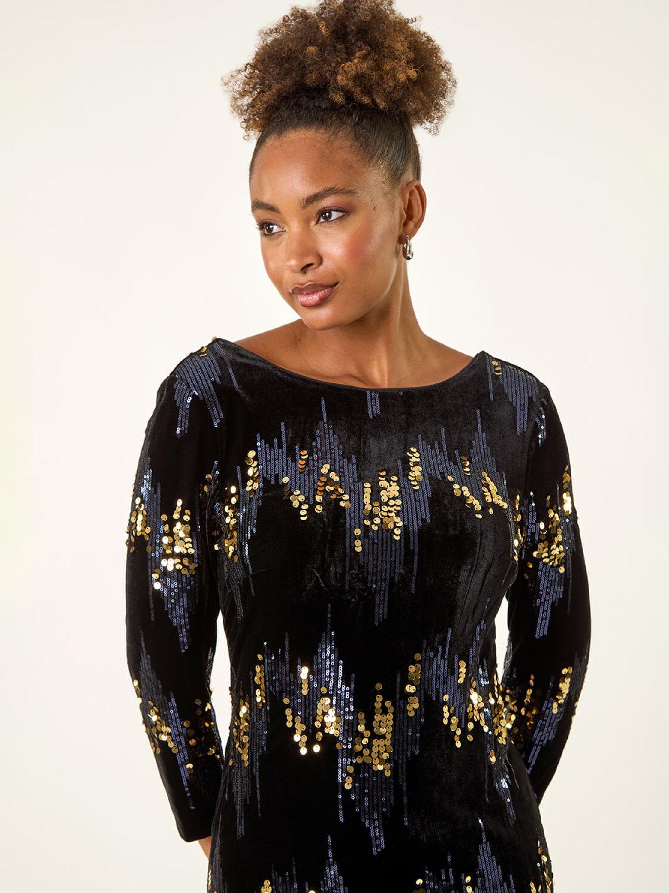  image of roman-sequin-velvet-shift-stretch-dress-navy