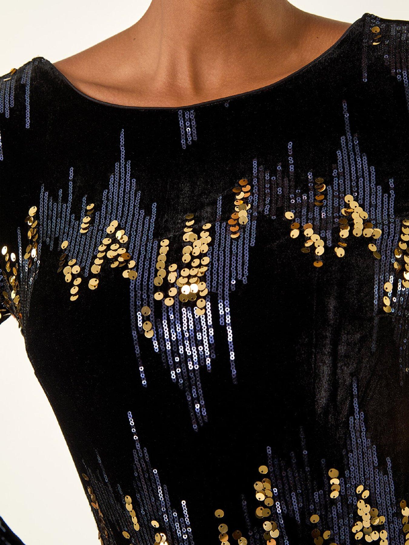  image of roman-sequin-velvet-shift-stretch-dress-navy