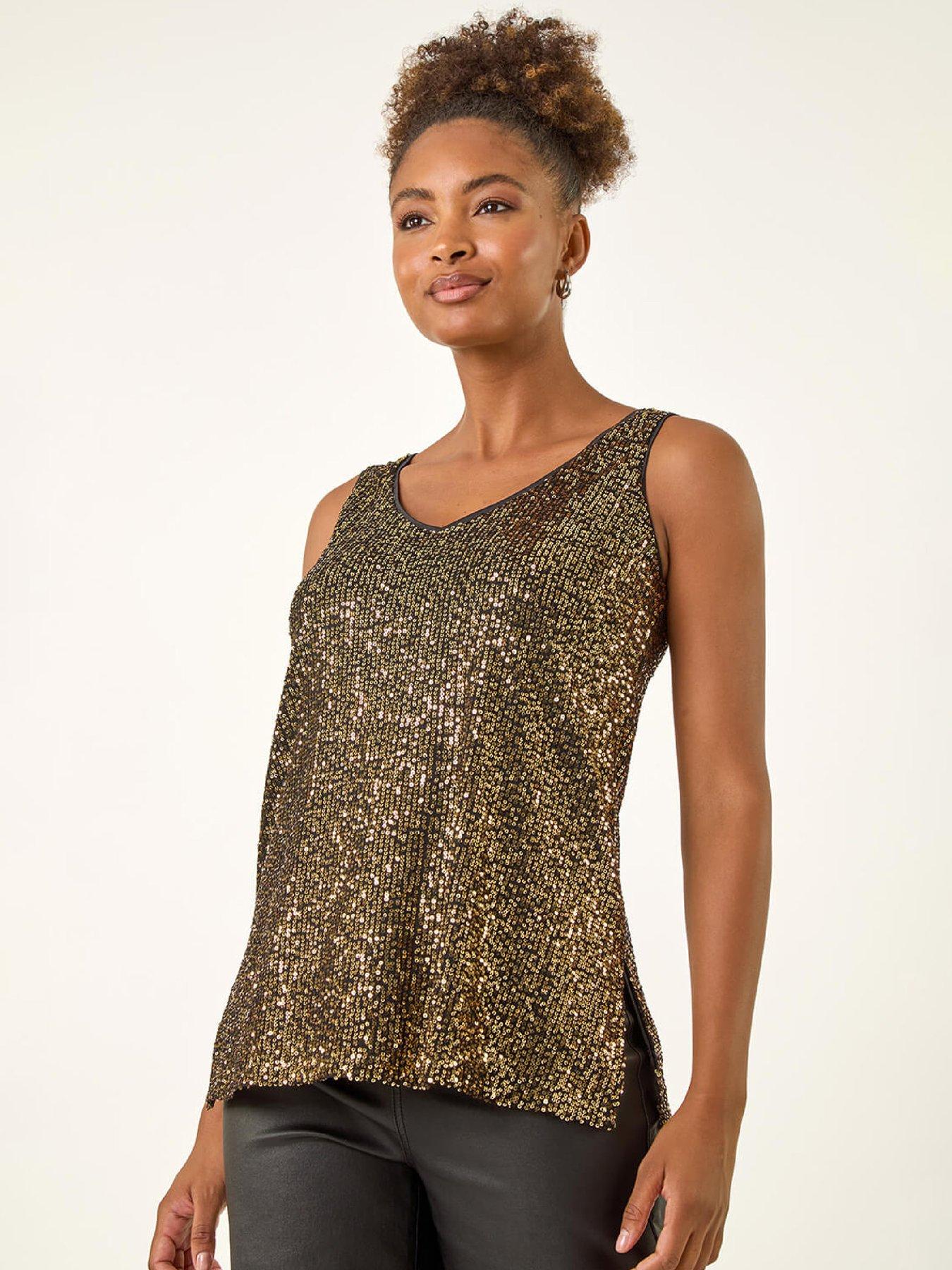 Roman Sequin V-Neck Vest Top - Gold