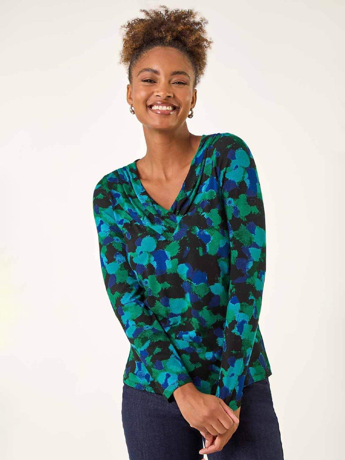 Roman Printed V-Neck Stretch Top - Green