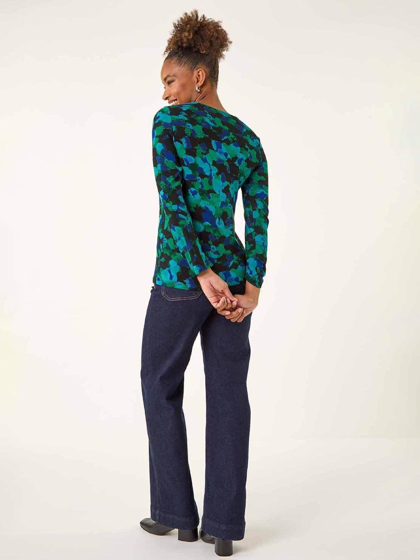  image of roman-printed-v-neck-stretch-top-green