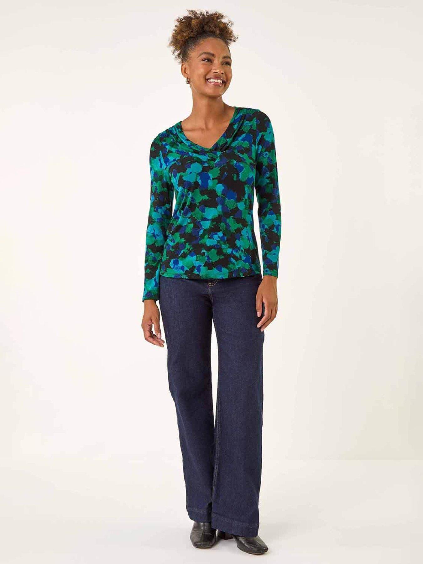  image of roman-printed-v-neck-stretch-top-green