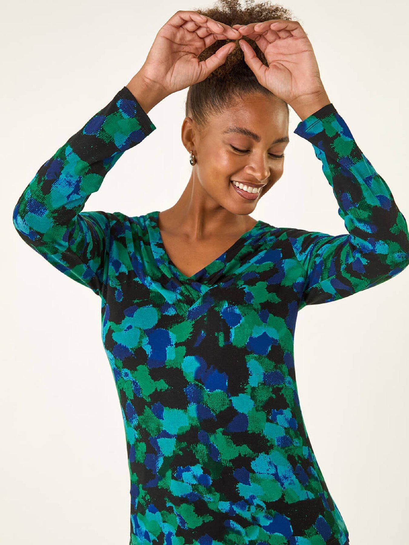  image of roman-printed-v-neck-stretch-top-green