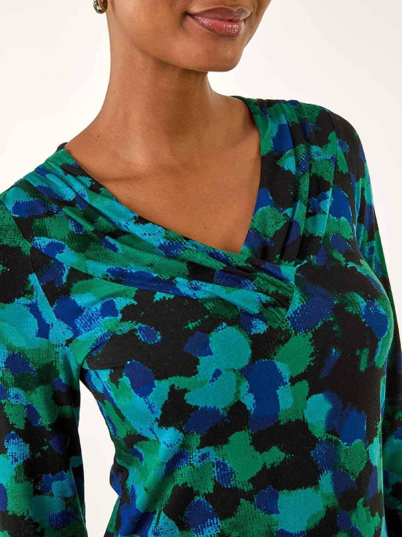  image of roman-printed-v-neck-stretch-top-green