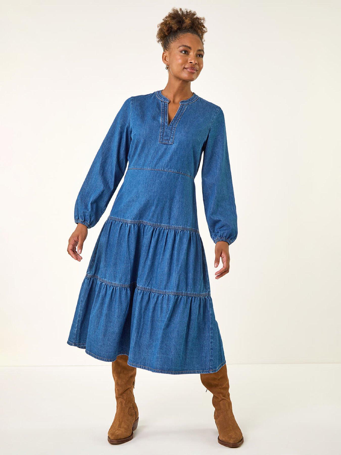 Roman Cotton Denim Tiered Midi Dress - Denim