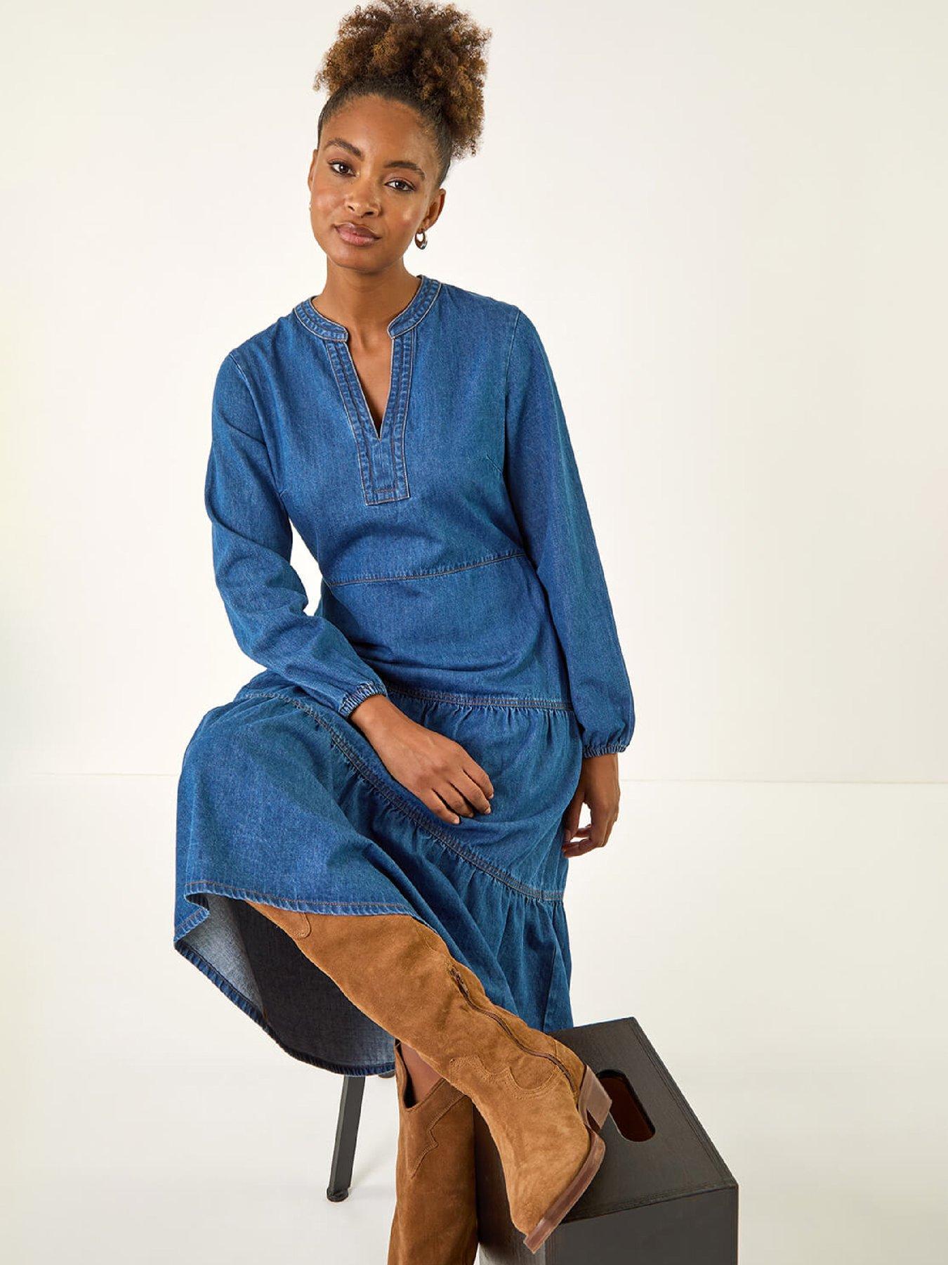  image of roman-cotton-denim-tiered-midi-dress-denim