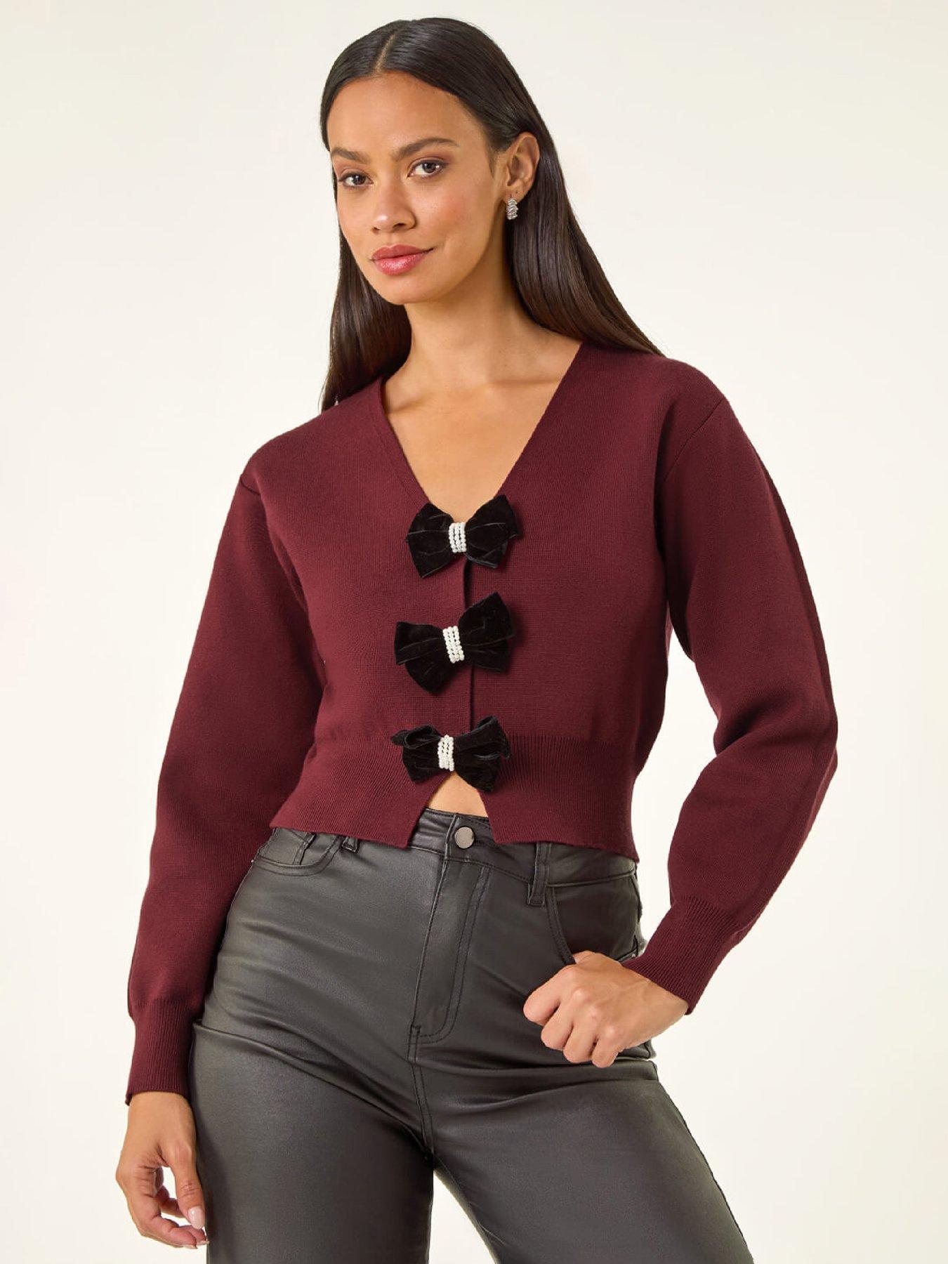 Roman Dusk Bow Buttoned Knit Cardigan - Burgundy