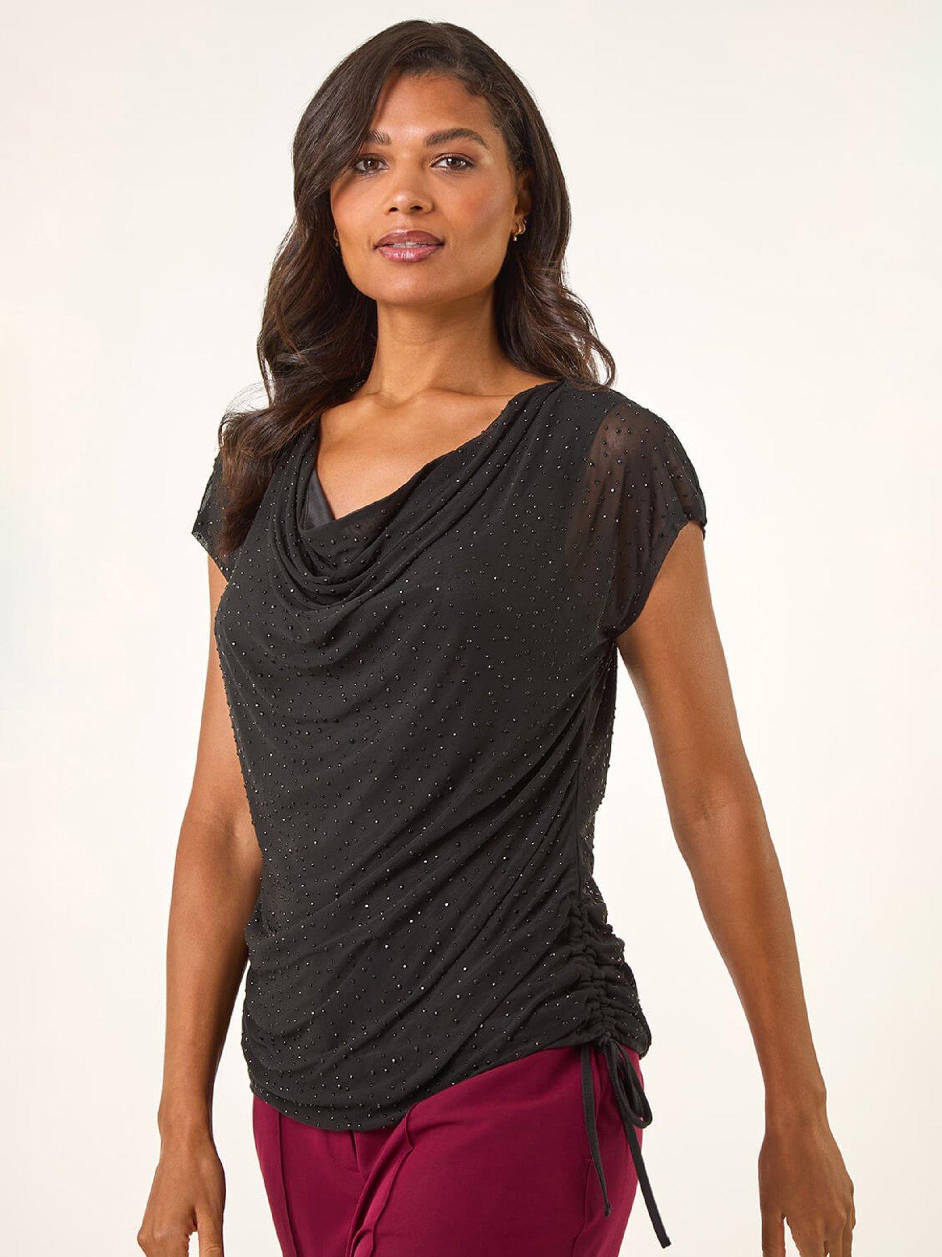 Roman Hotfix Cowl Neck Stretch Top - Black