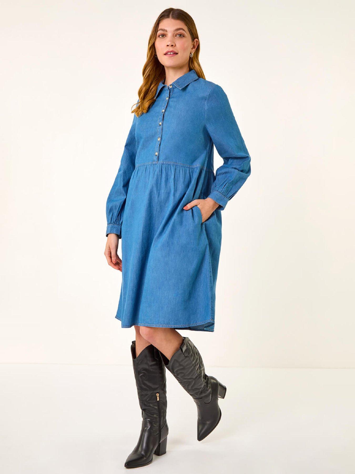 Roman Denim Button Through Pocket Dress - Denim