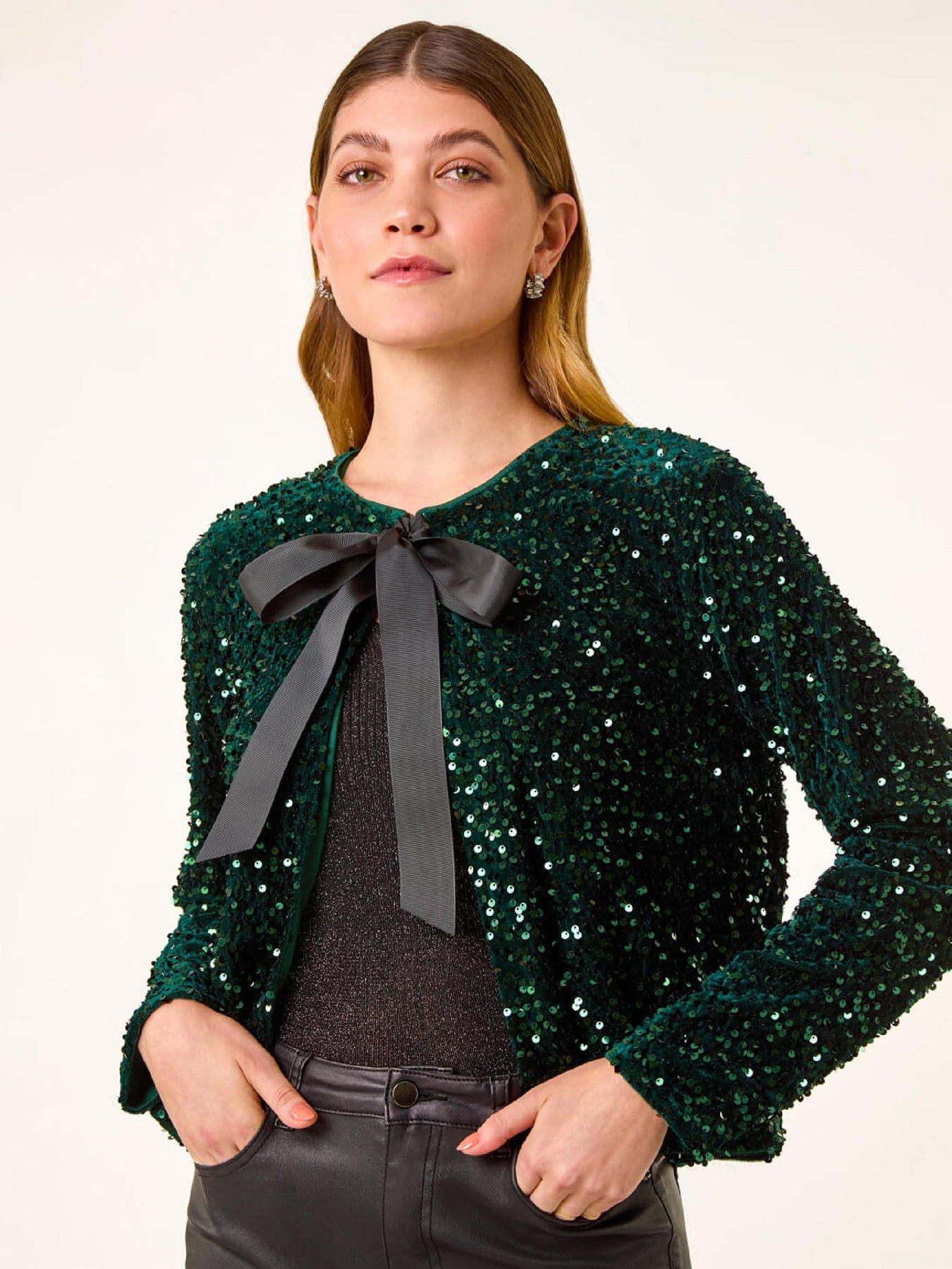 Roman Sequin Bow Front Jacket - Green