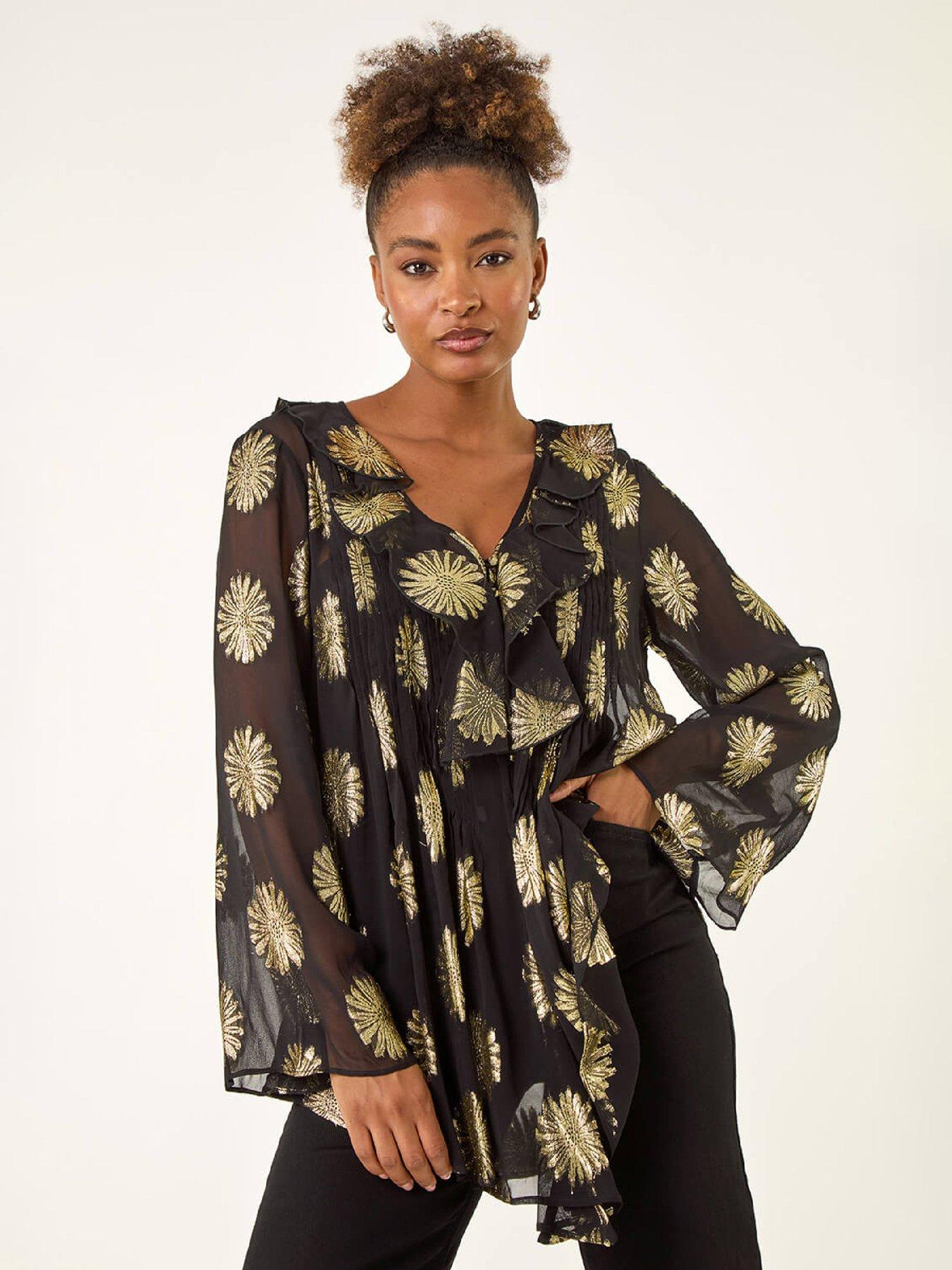 Roman Floral Jacquard Frill Buttoned Blouse - Black
