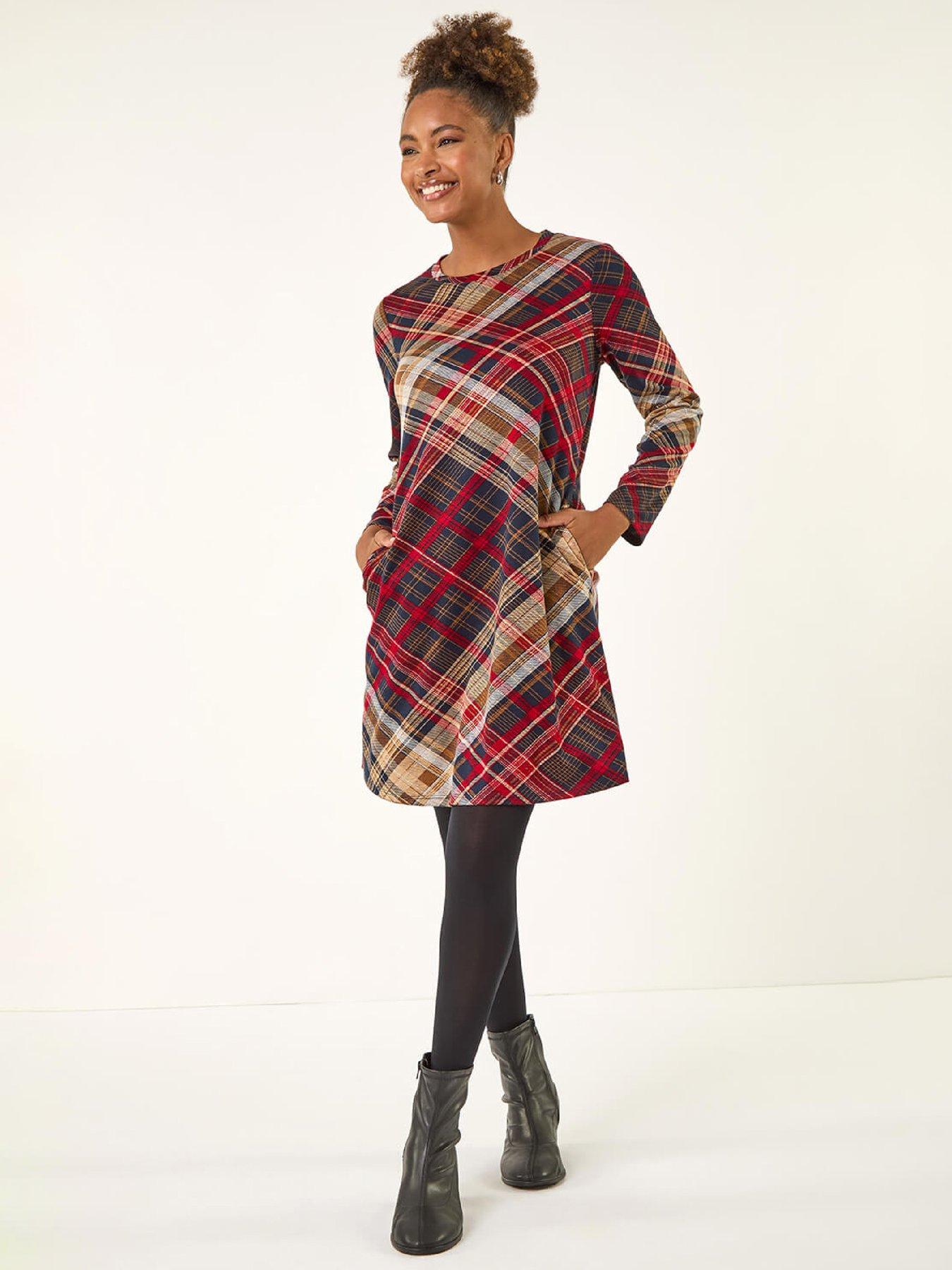 Roman Check Print Swing Pocket Dress - Red