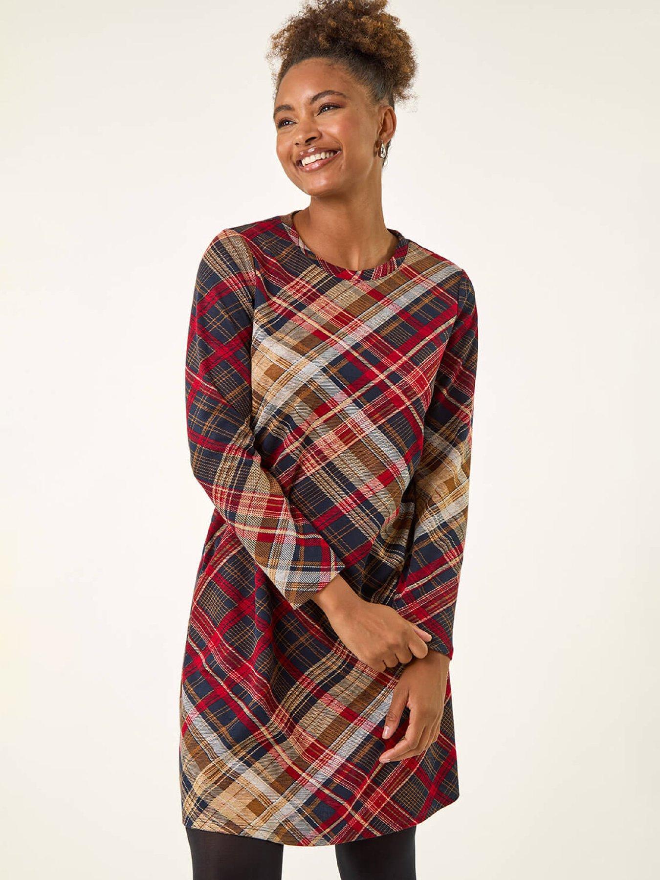 Image 2 of 4 of Roman Check Print Swing Pocket Dress - Red