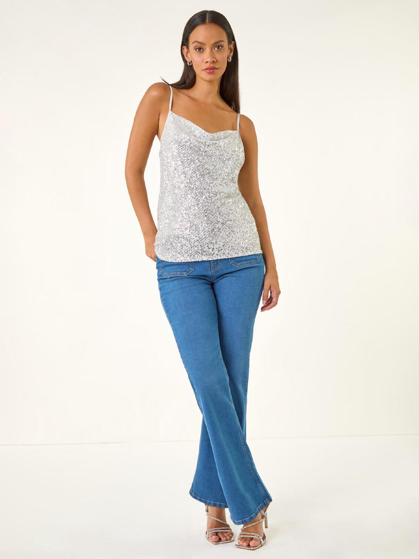  image of roman-dusk-cowl-neck-sequin-cami-top-silver