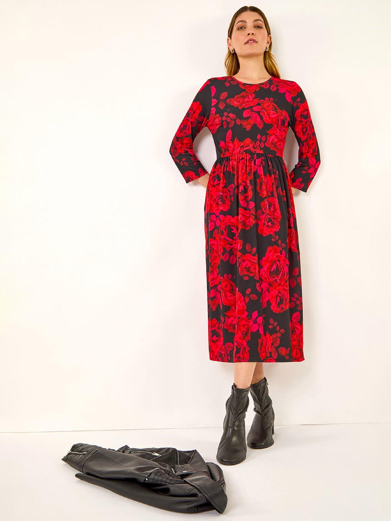 image of roman-rose-print-gathered-stretch-midi-dress-red