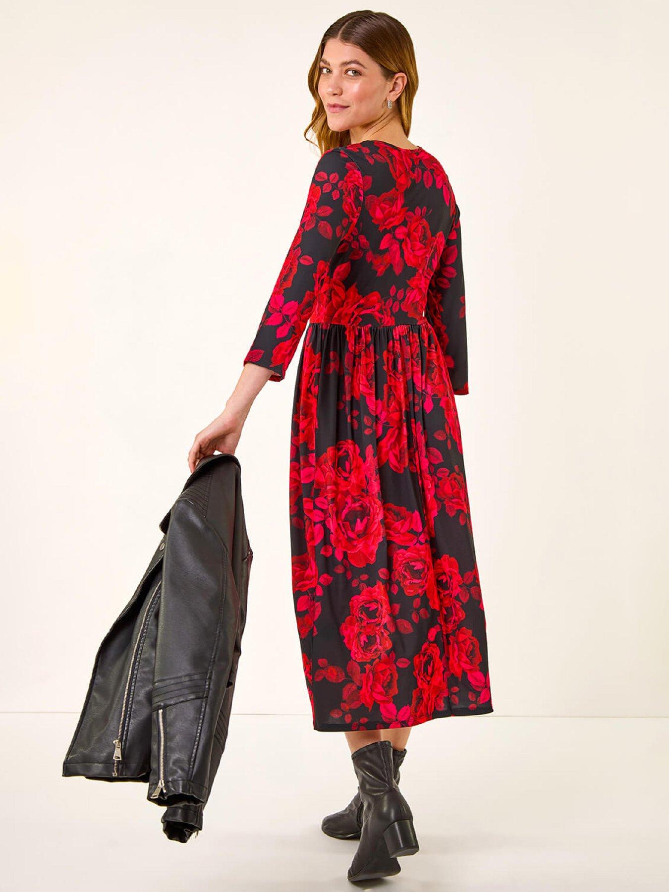  image of roman-rose-print-gathered-stretch-midi-dress-red