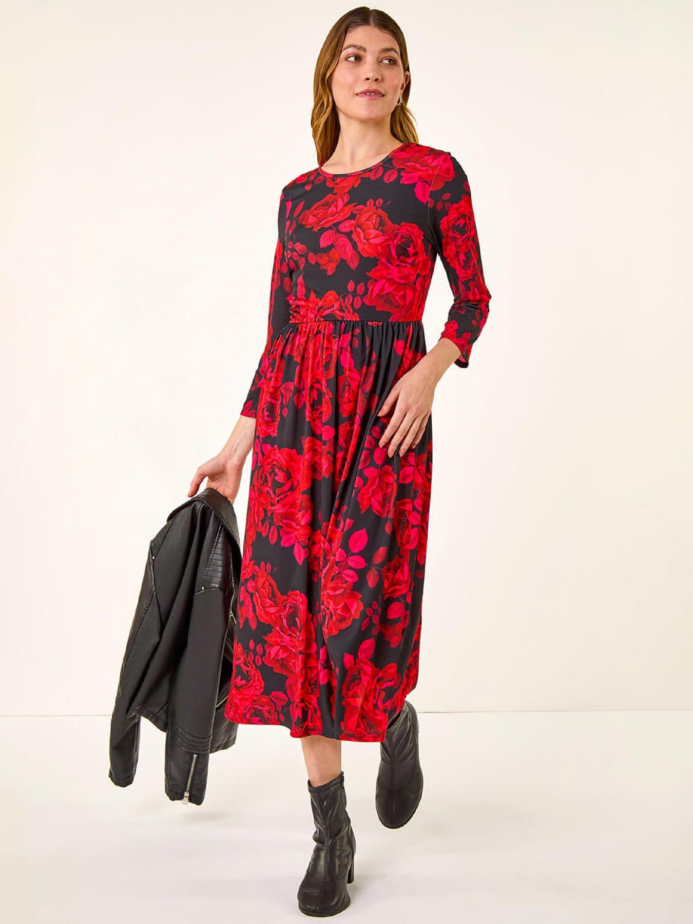  image of roman-rose-print-gathered-stretch-midi-dress-red