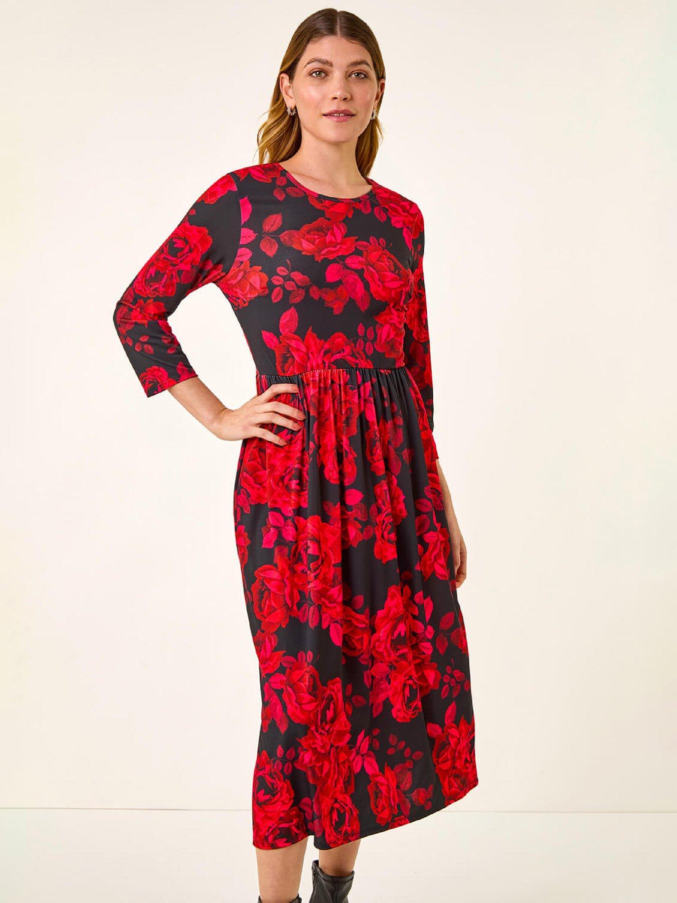  image of roman-rose-print-gathered-stretch-midi-dress-red