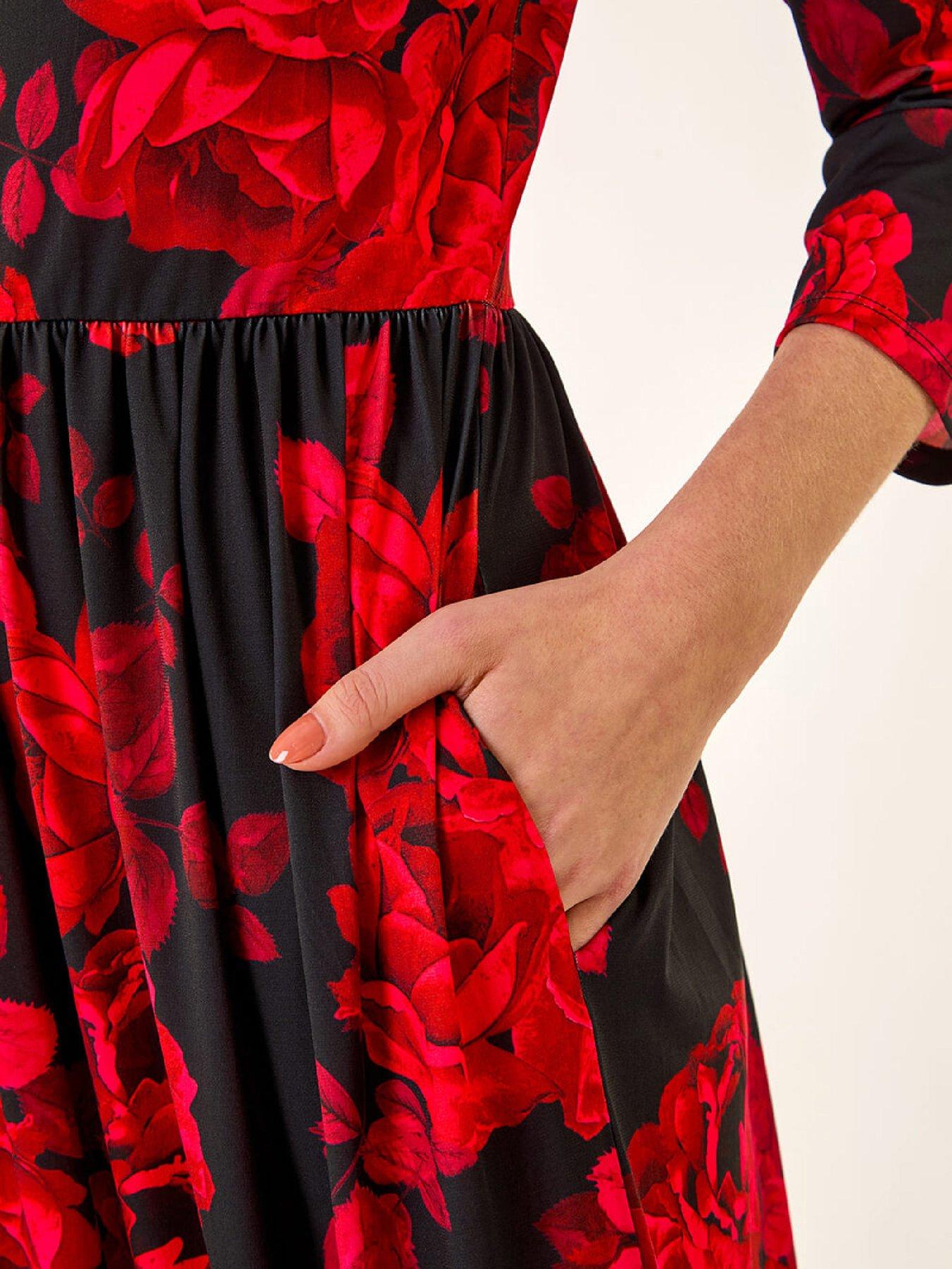  image of roman-rose-print-gathered-stretch-midi-dress-red