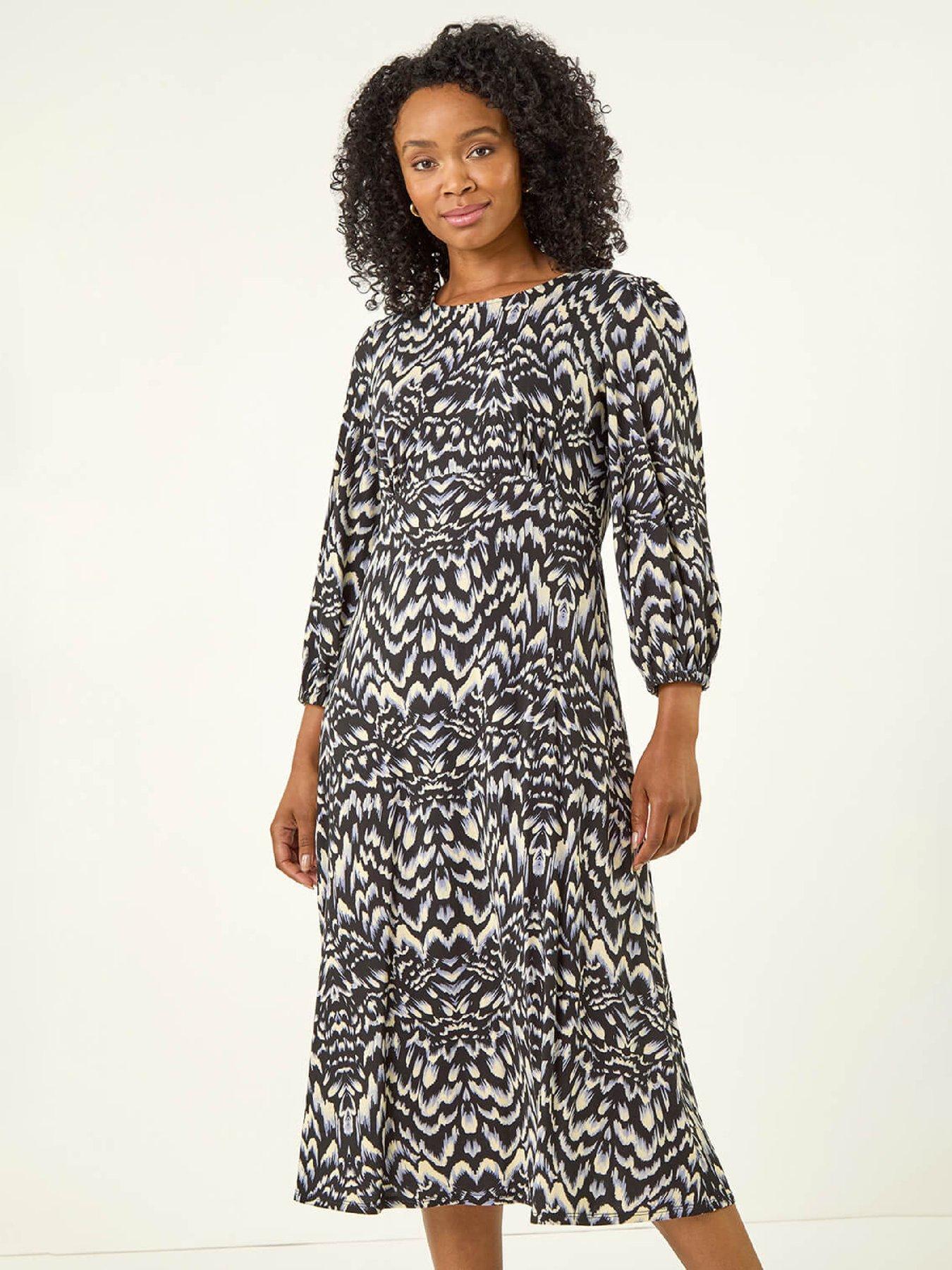  image of roman-petite-abstract-stretch-midi-dress-black