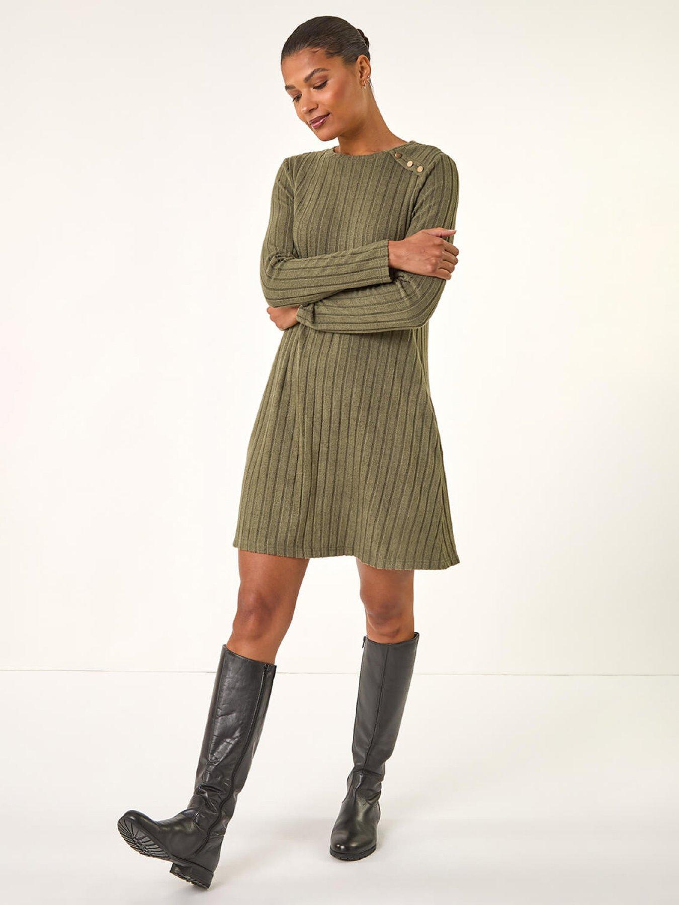 Roman Textured Ribbed Swing Dress - Khaki