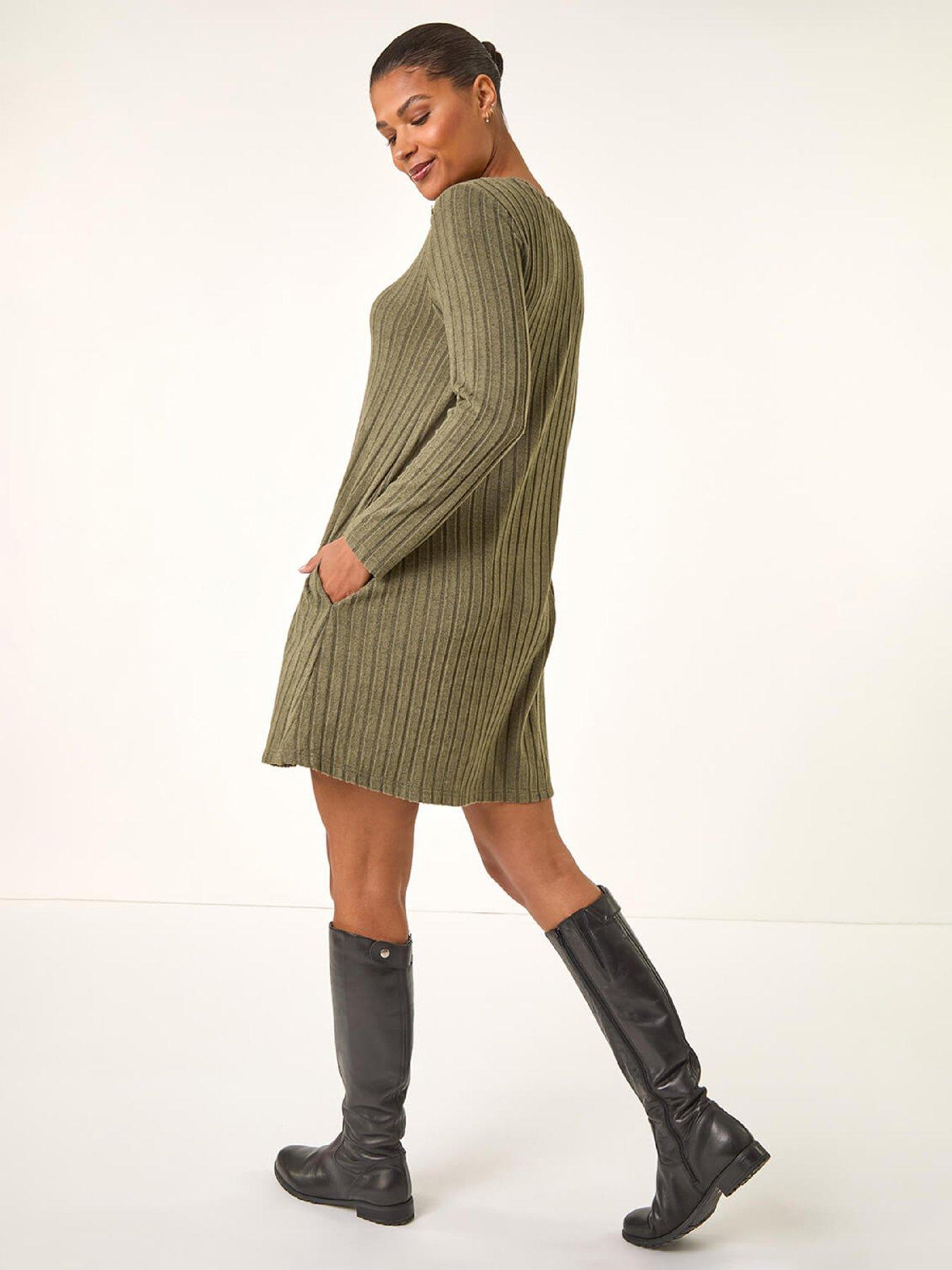  image of roman-textured-ribbed-swing-dress-khaki