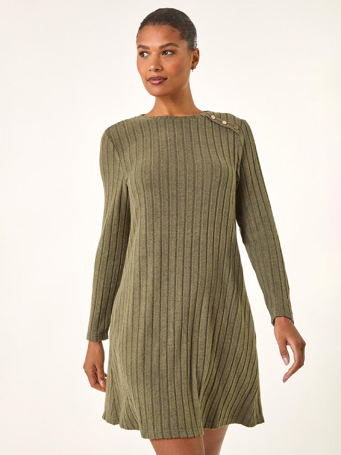  image of roman-textured-ribbed-swing-dress-khaki
